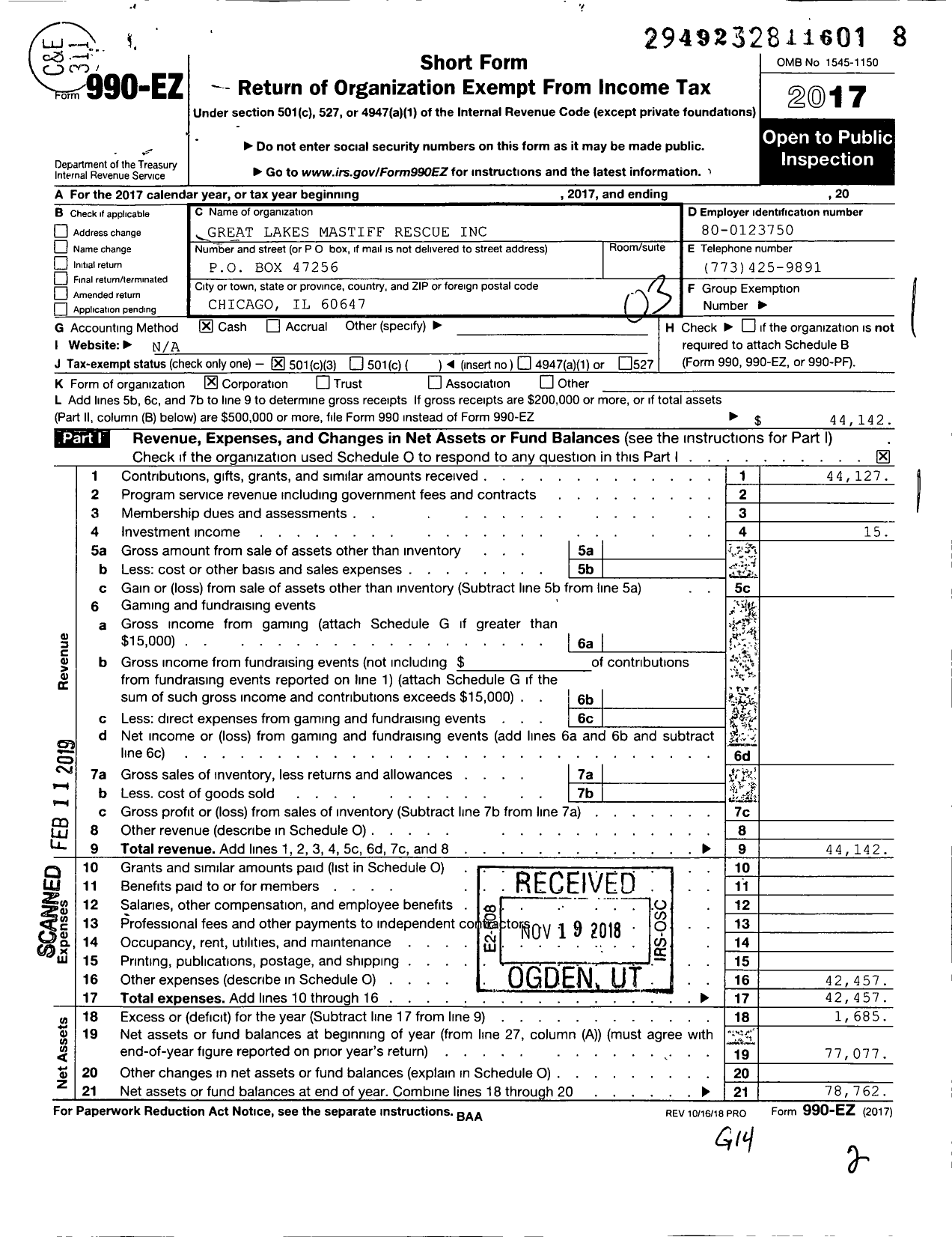 Image of first page of 2017 Form 990EZ for Great Lakes Mastiff Rescue