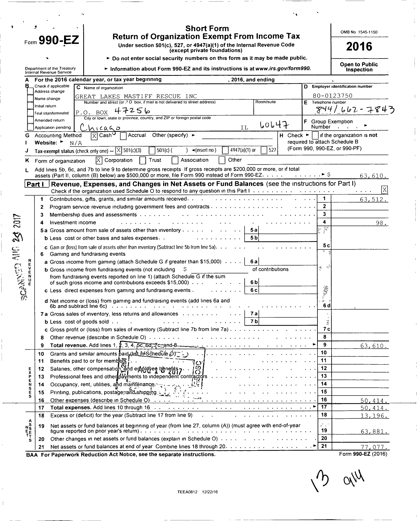 Image of first page of 2016 Form 990EZ for Great Lakes Mastiff Rescue