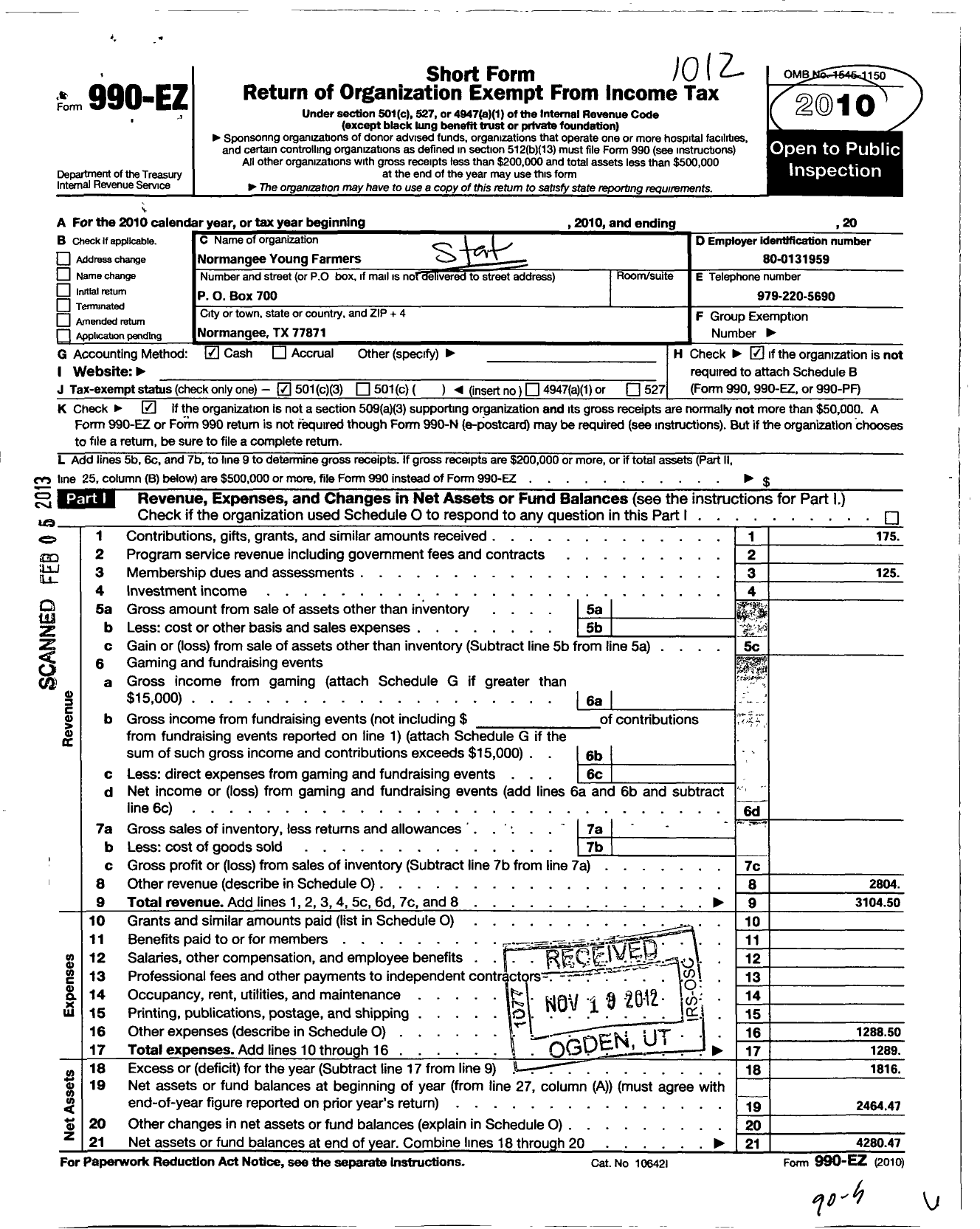 Image of first page of 2010 Form 990EZ for State Association of Young Farmers of Texas / Normangee Young Farmers