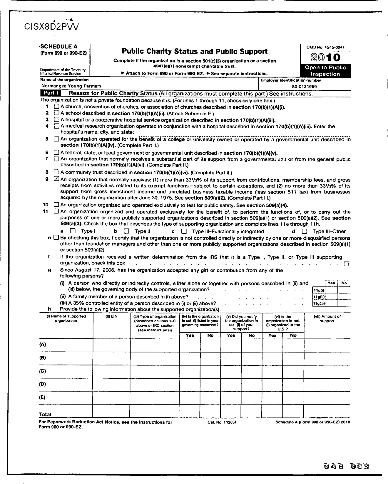 Image of first page of 2010 Form 990ER for State Association of Young Farmers of Texas / Normangee Young Farmers