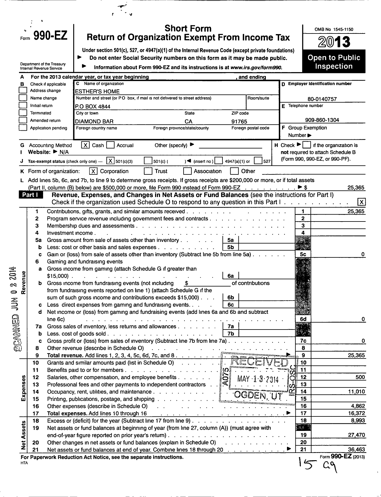 Image of first page of 2013 Form 990EZ for Esthers Home