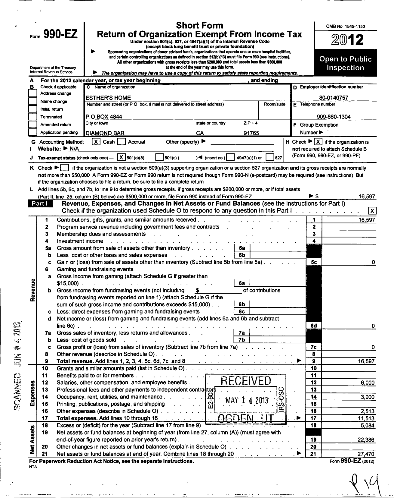 Image of first page of 2012 Form 990EZ for Esthers Home