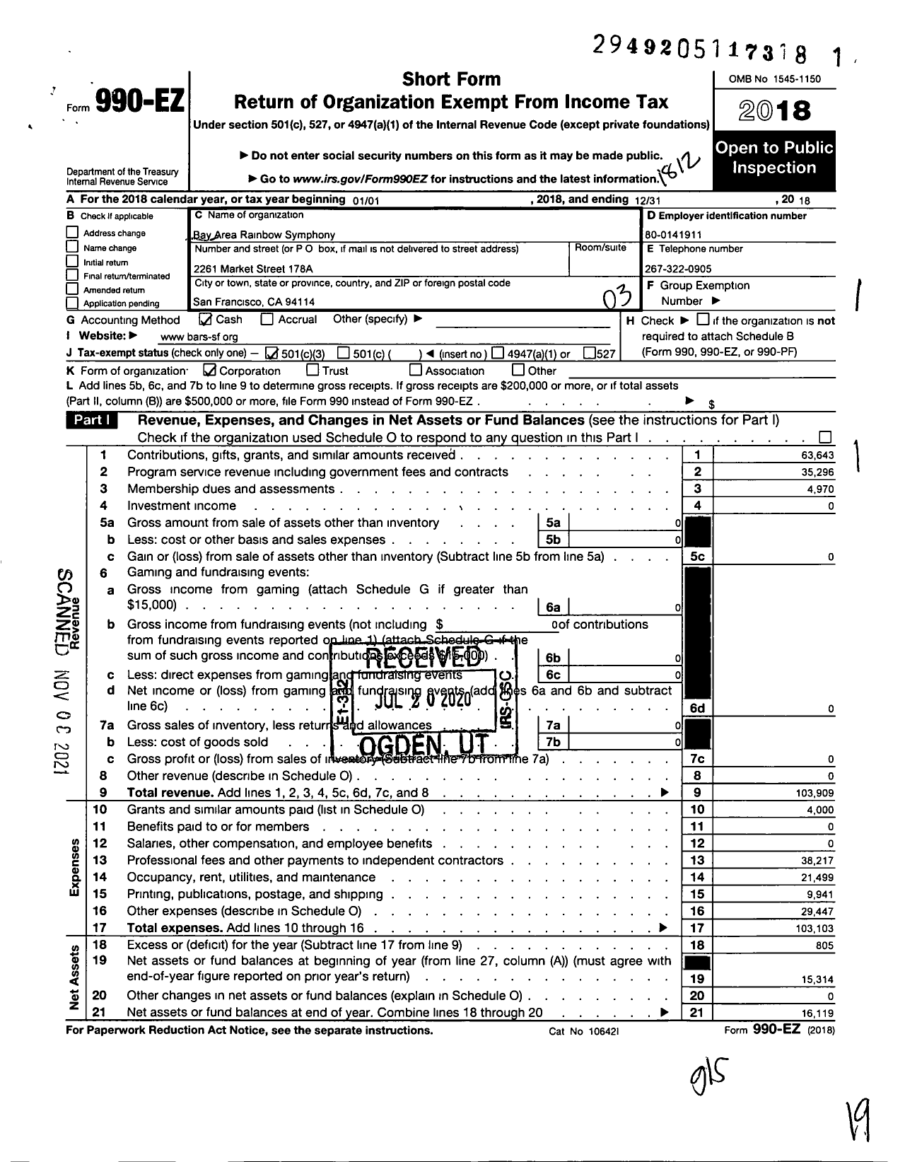 Image of first page of 2018 Form 990EZ for Bay Area Rainbow Symphony