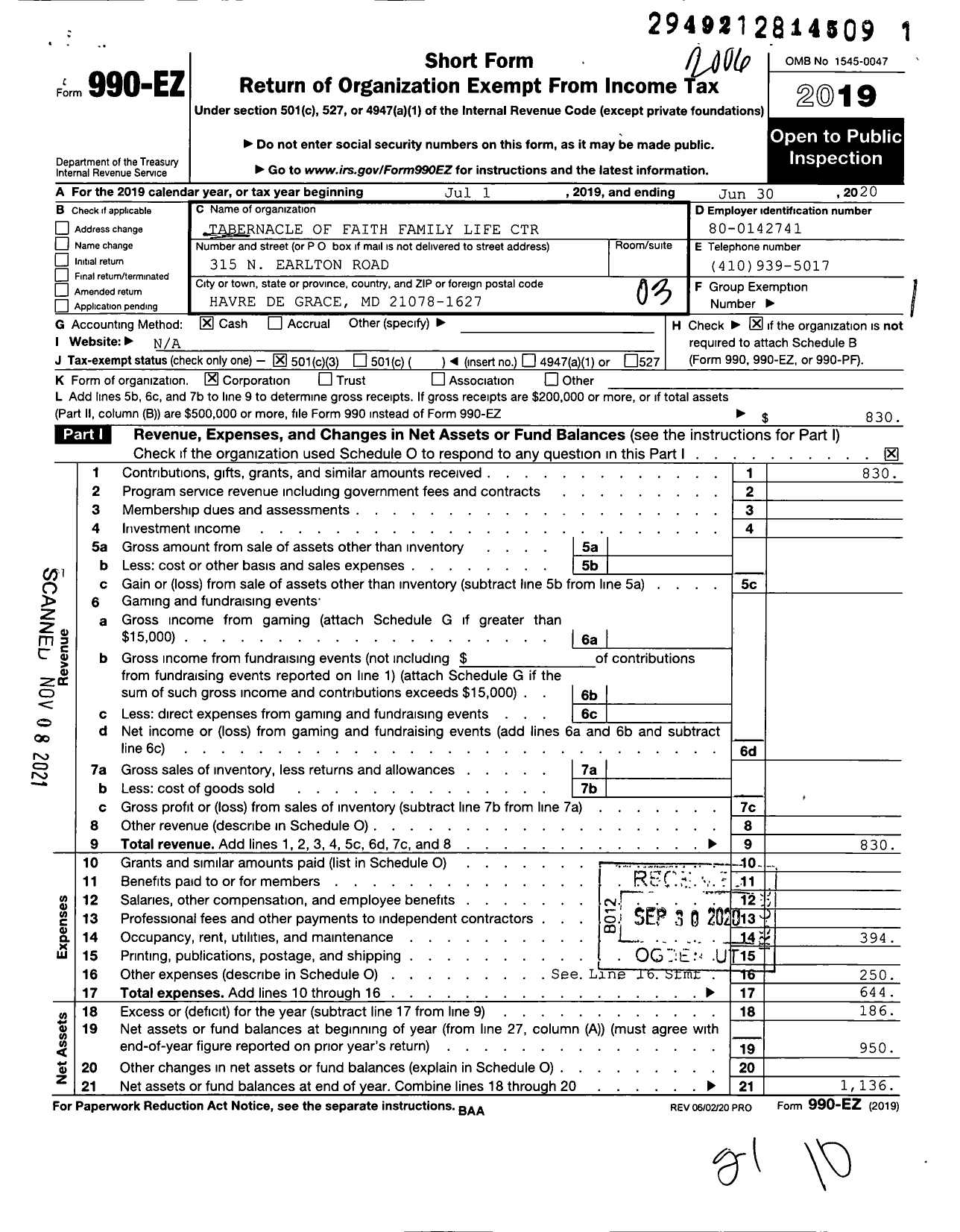 Image of first page of 2019 Form 990EZ for Tabernacle of Faith Family Life Center