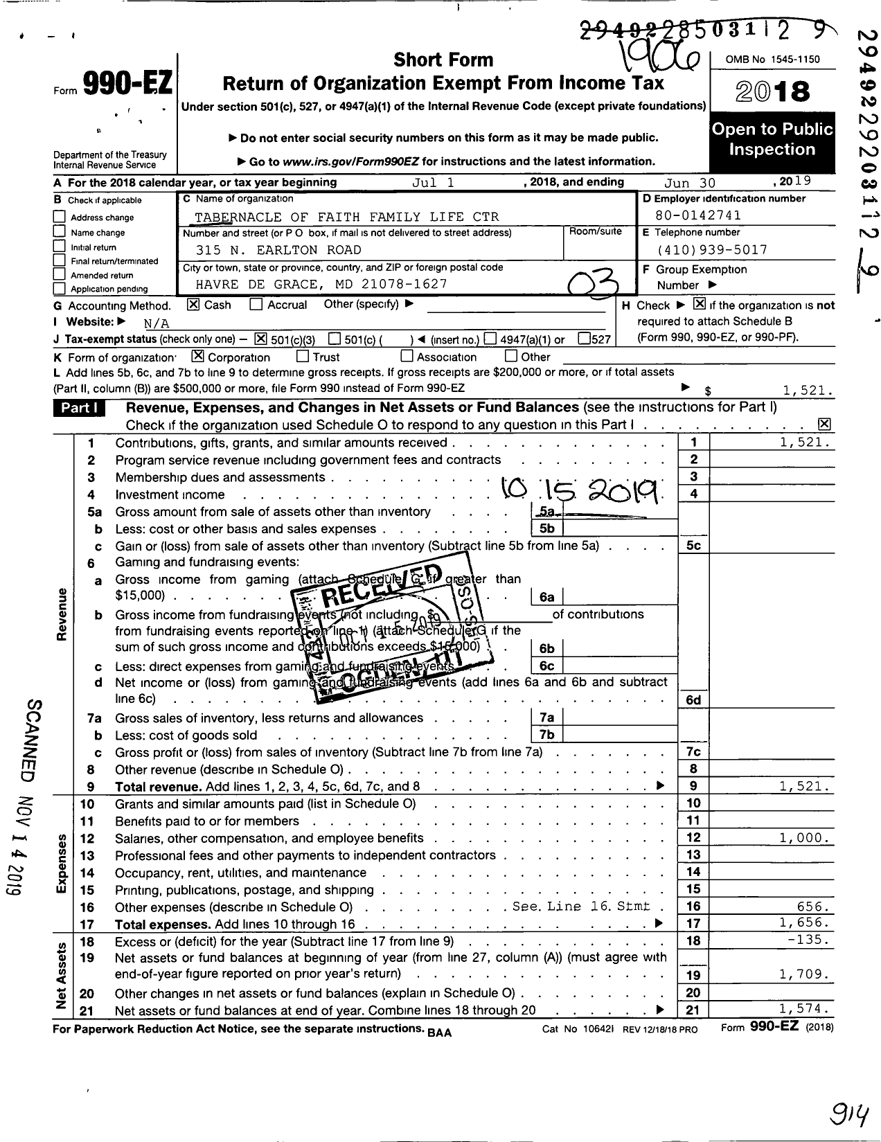 Image of first page of 2018 Form 990EZ for Tabernacle of Faith Family Life Center