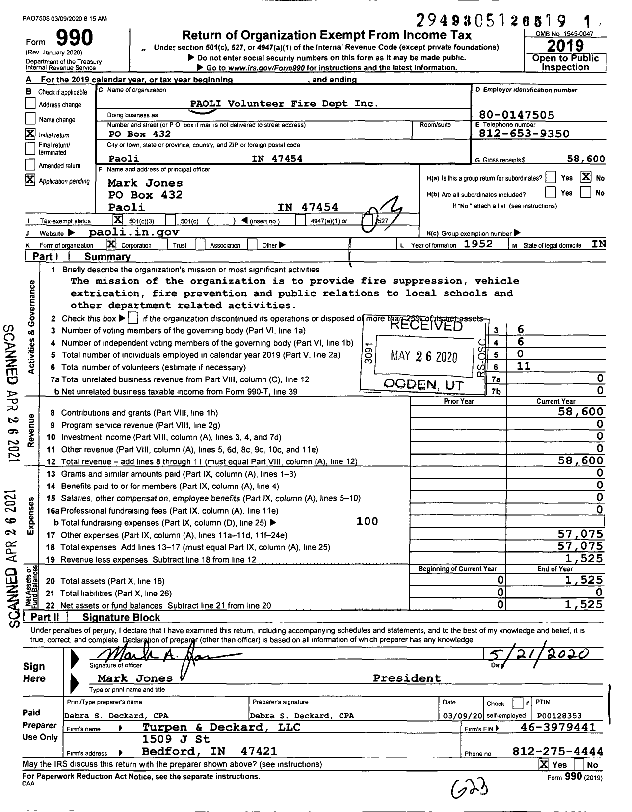 Image of first page of 2019 Form 990 for Paoli Volunteer Fire Dept