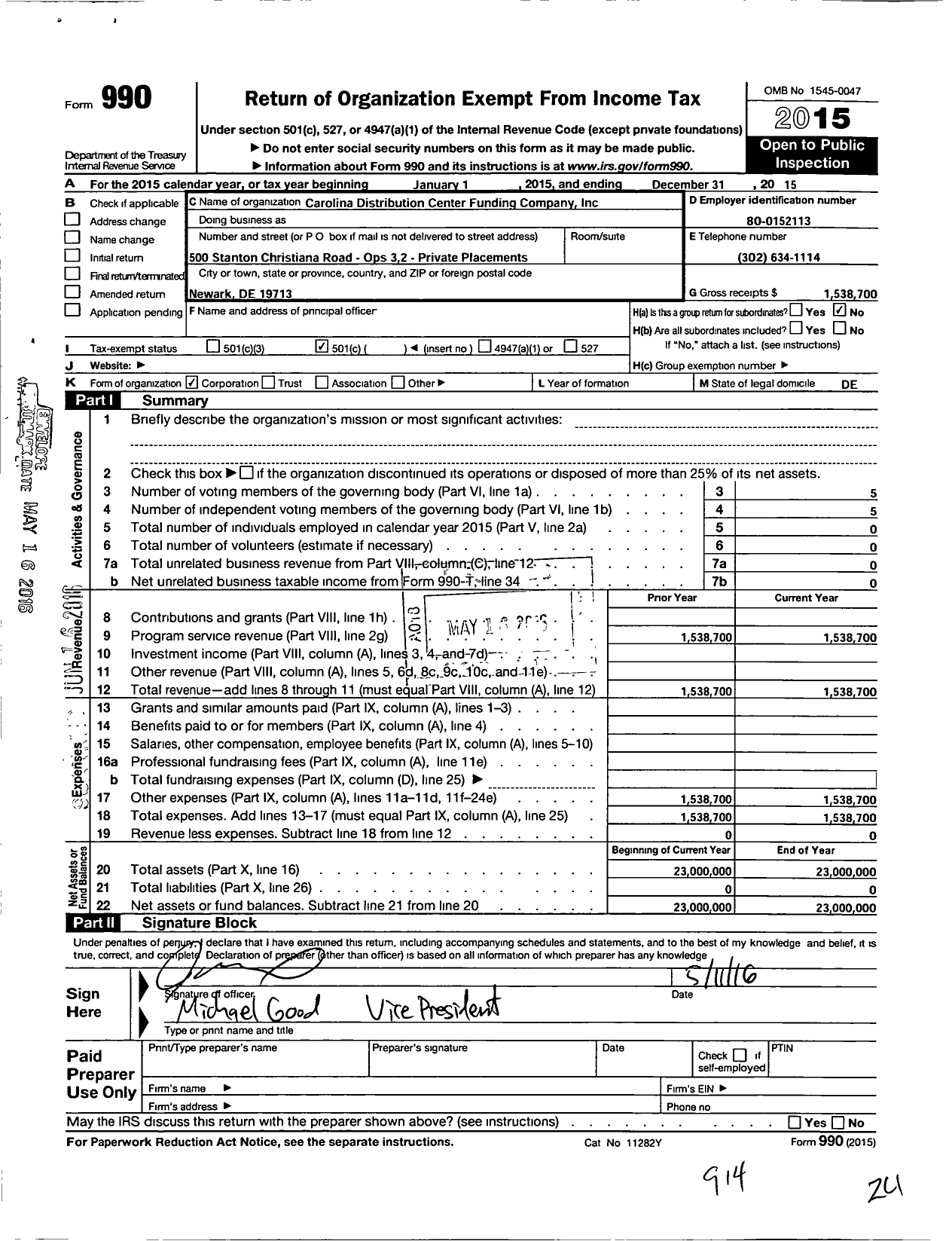 Image of first page of 2015 Form 990O for Carolina Distribution Center Funding Company