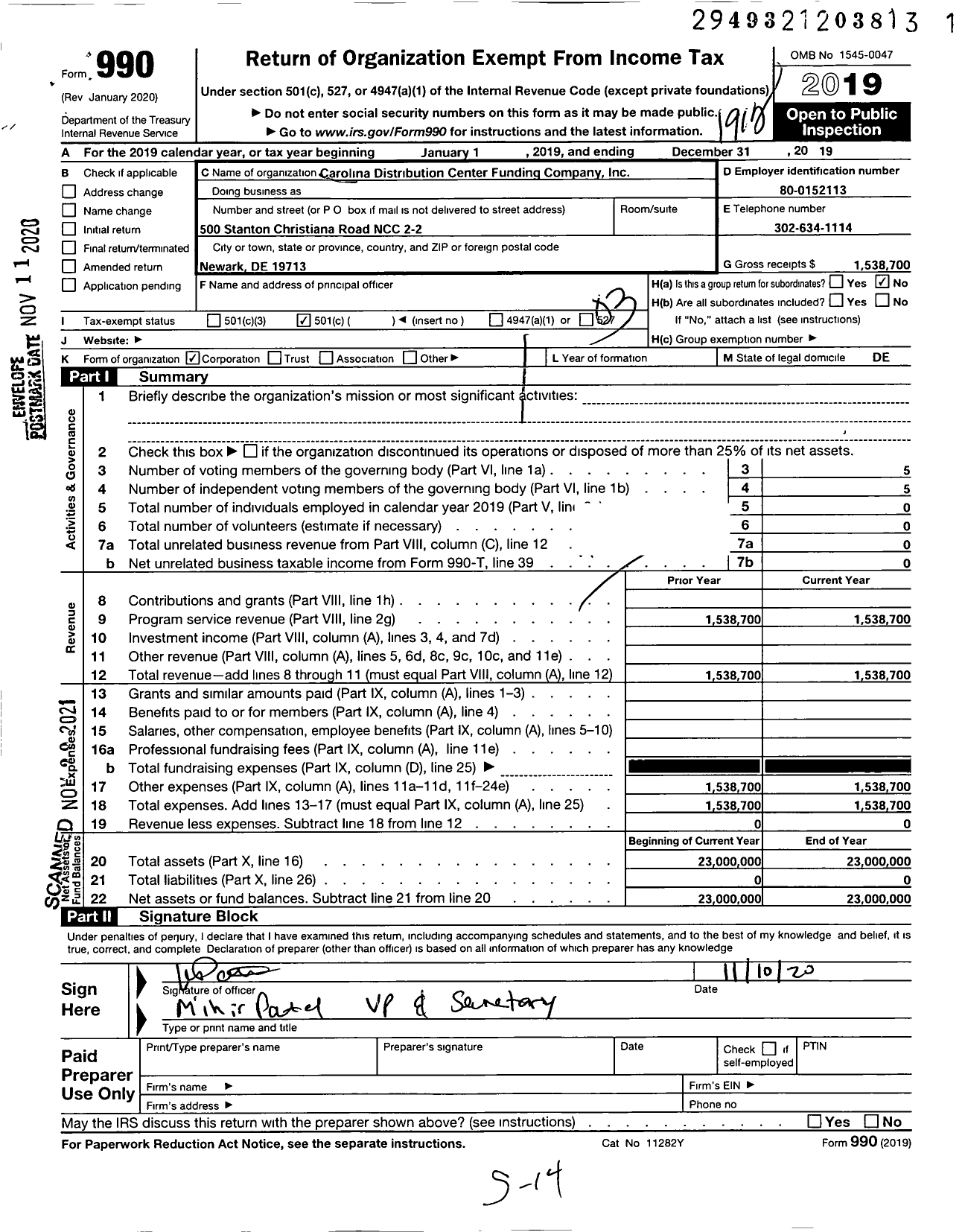 Image of first page of 2019 Form 990 for Carolina Distribution Center Funding Company