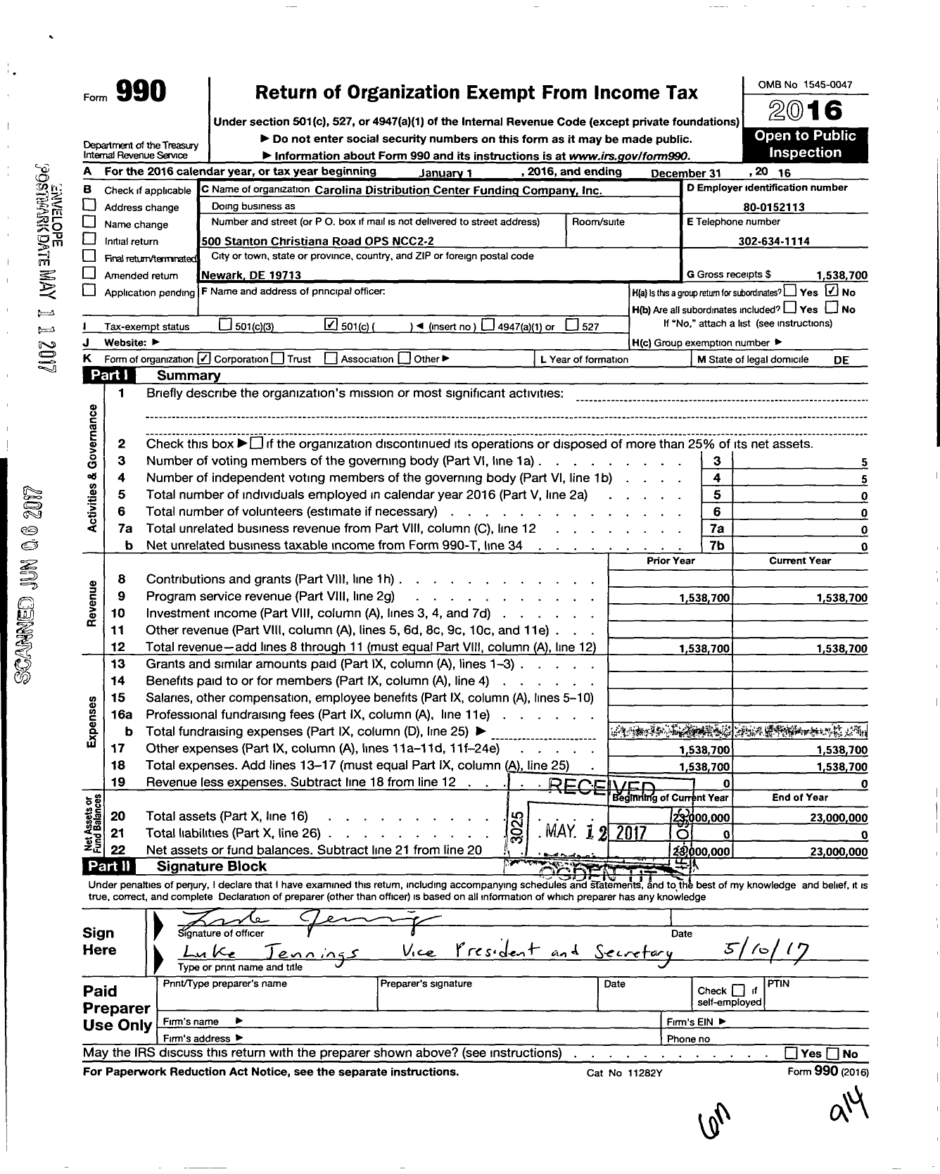 Image of first page of 2016 Form 990O for Carolina Distribution Center Funding Company