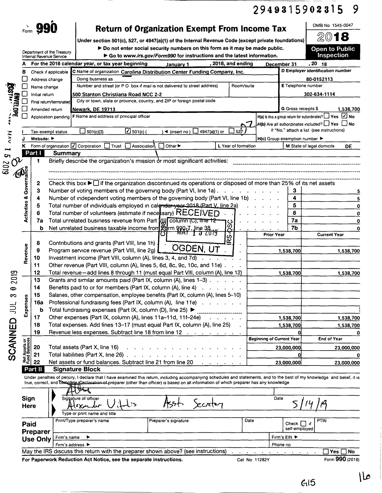 Image of first page of 2018 Form 990O for Carolina Distribution Center Funding Company