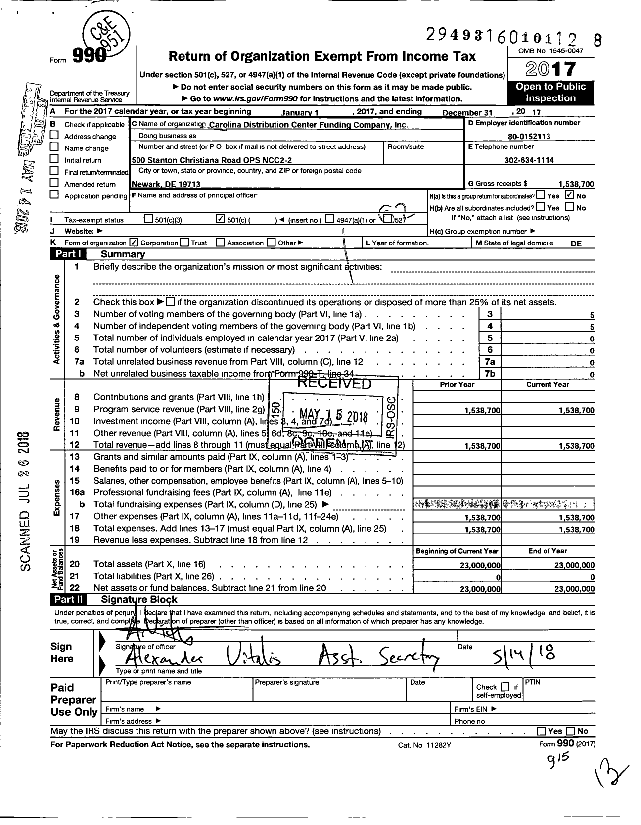 Image of first page of 2017 Form 990O for Carolina Distribution Center Funding Company