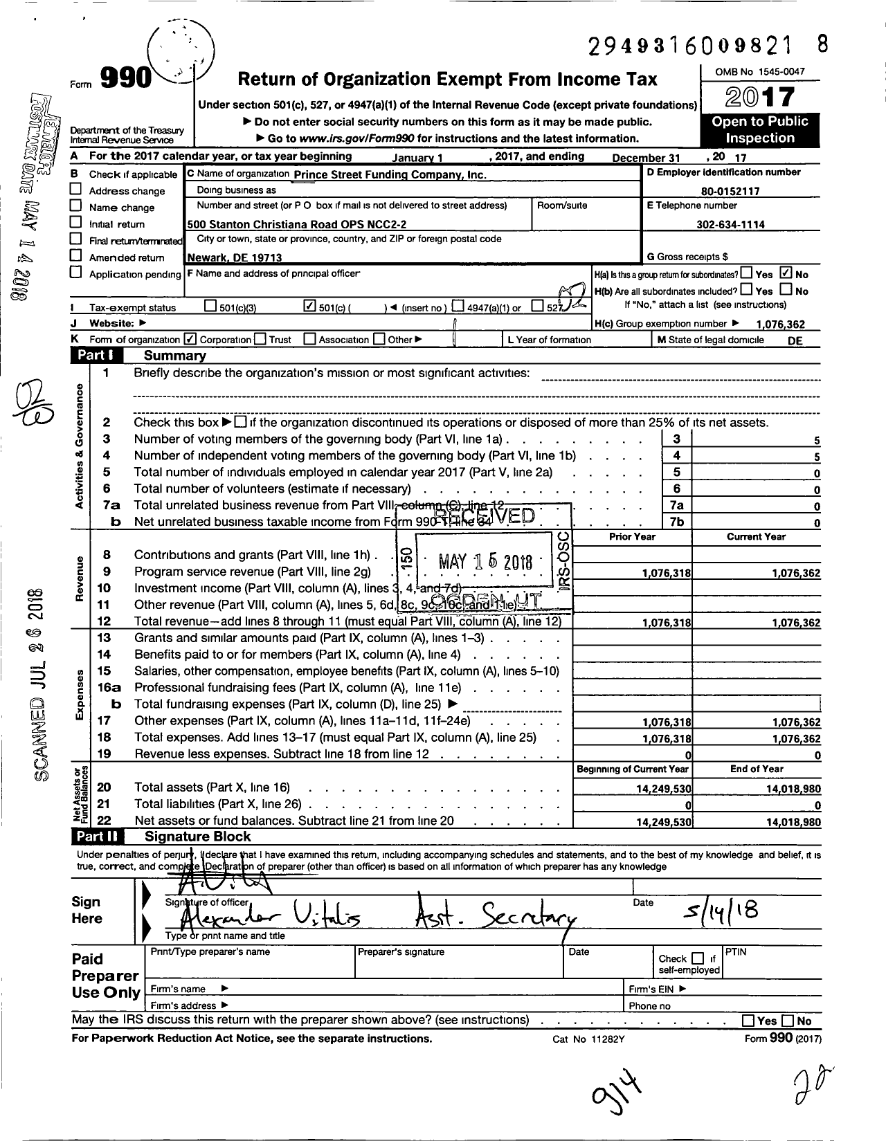 Image of first page of 2017 Form 990O for Prince Street Funding Company