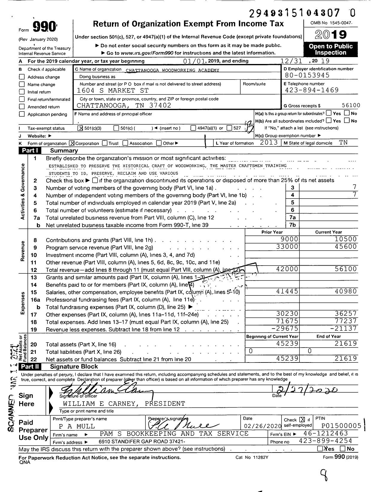 Image of first page of 2019 Form 990 for Chattanooga Woodworking Academy
