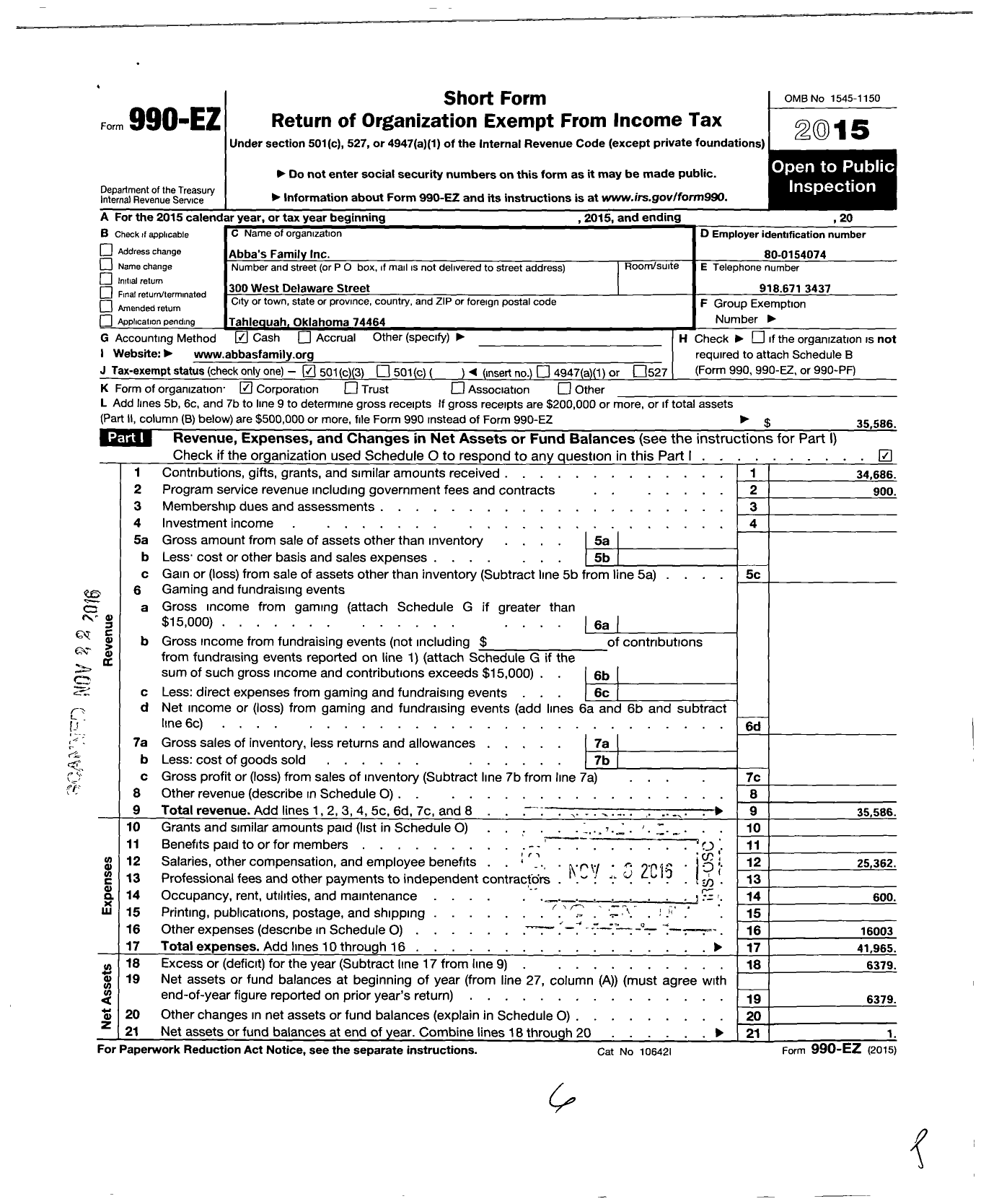 Image of first page of 2015 Form 990EZ for Abba's Family