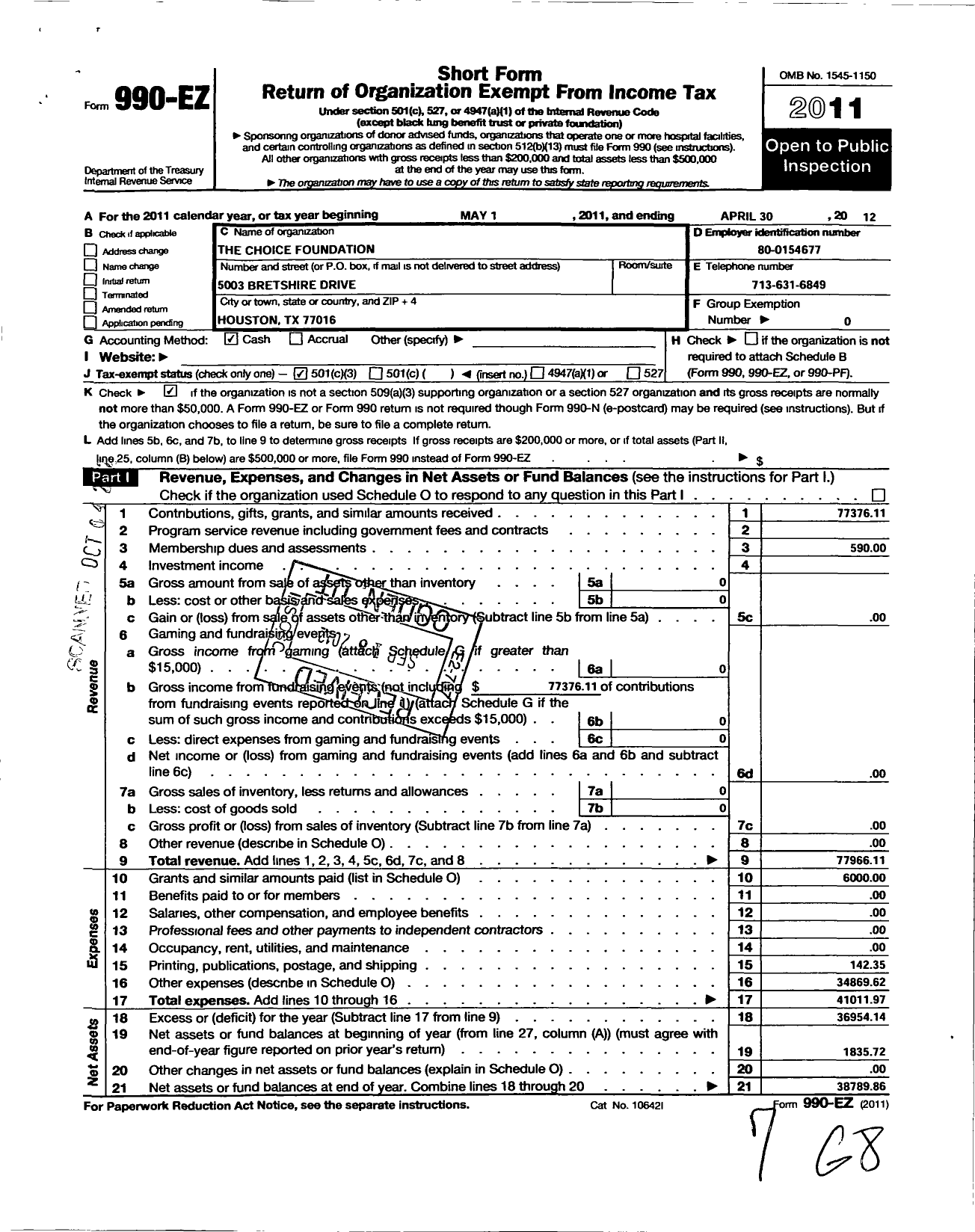 Image of first page of 2011 Form 990EZ for The Choice Foundation