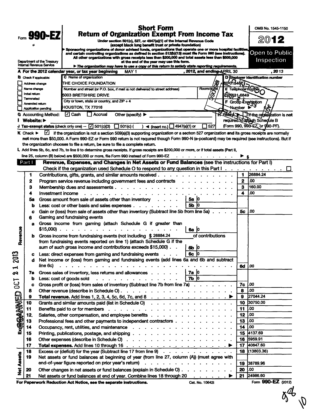 Image of first page of 2012 Form 990EZ for The Choice Foundation