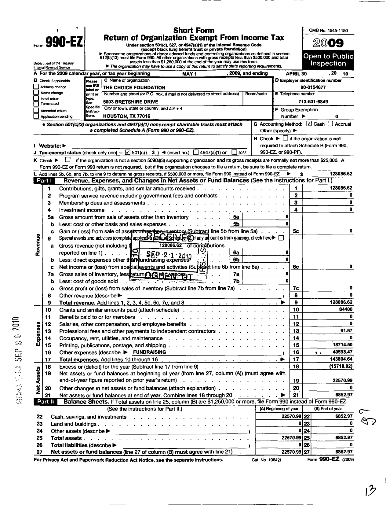 Image of first page of 2009 Form 990EZ for The Choice Foundation