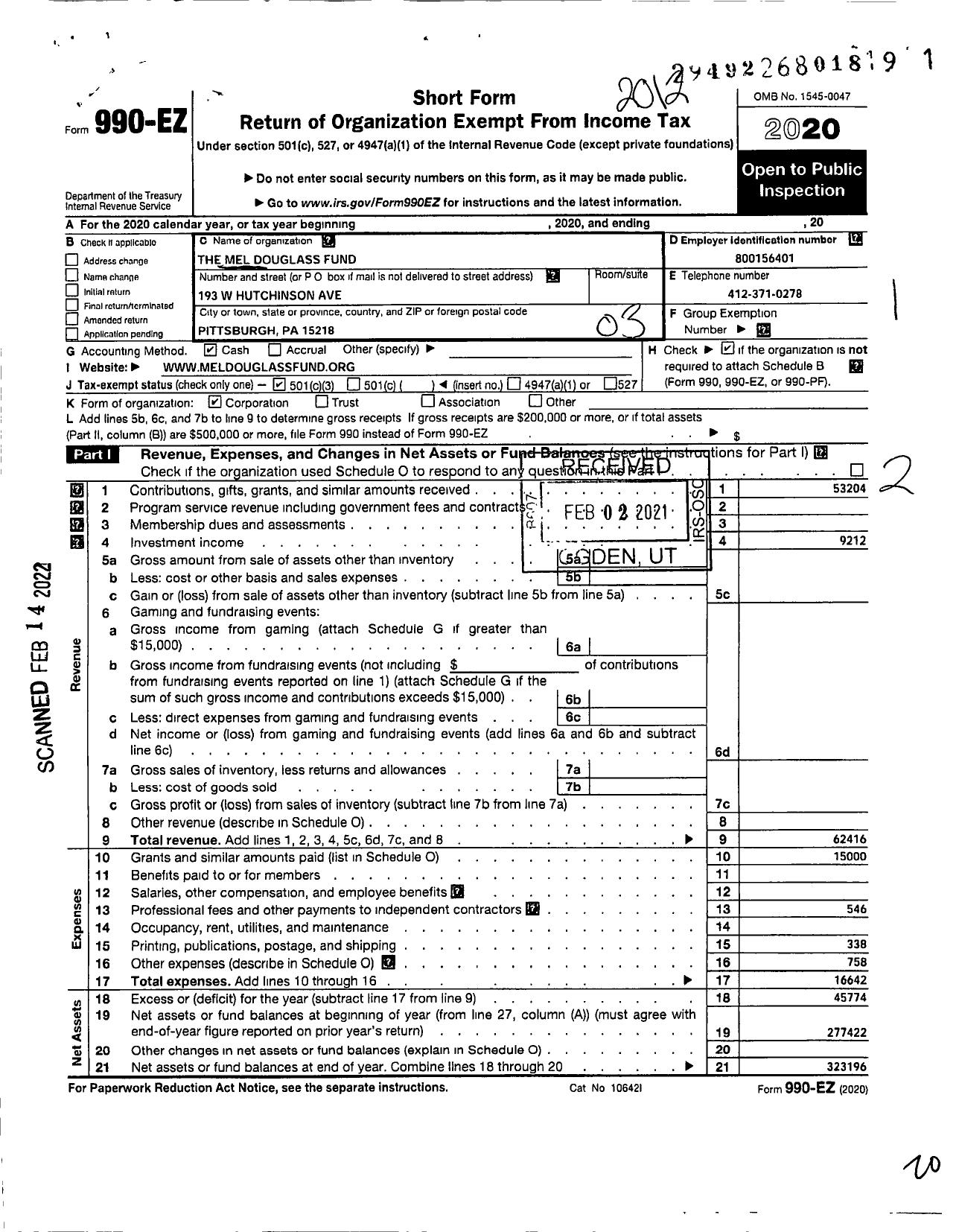 Image of first page of 2020 Form 990EZ for The Mel Douglass Fund