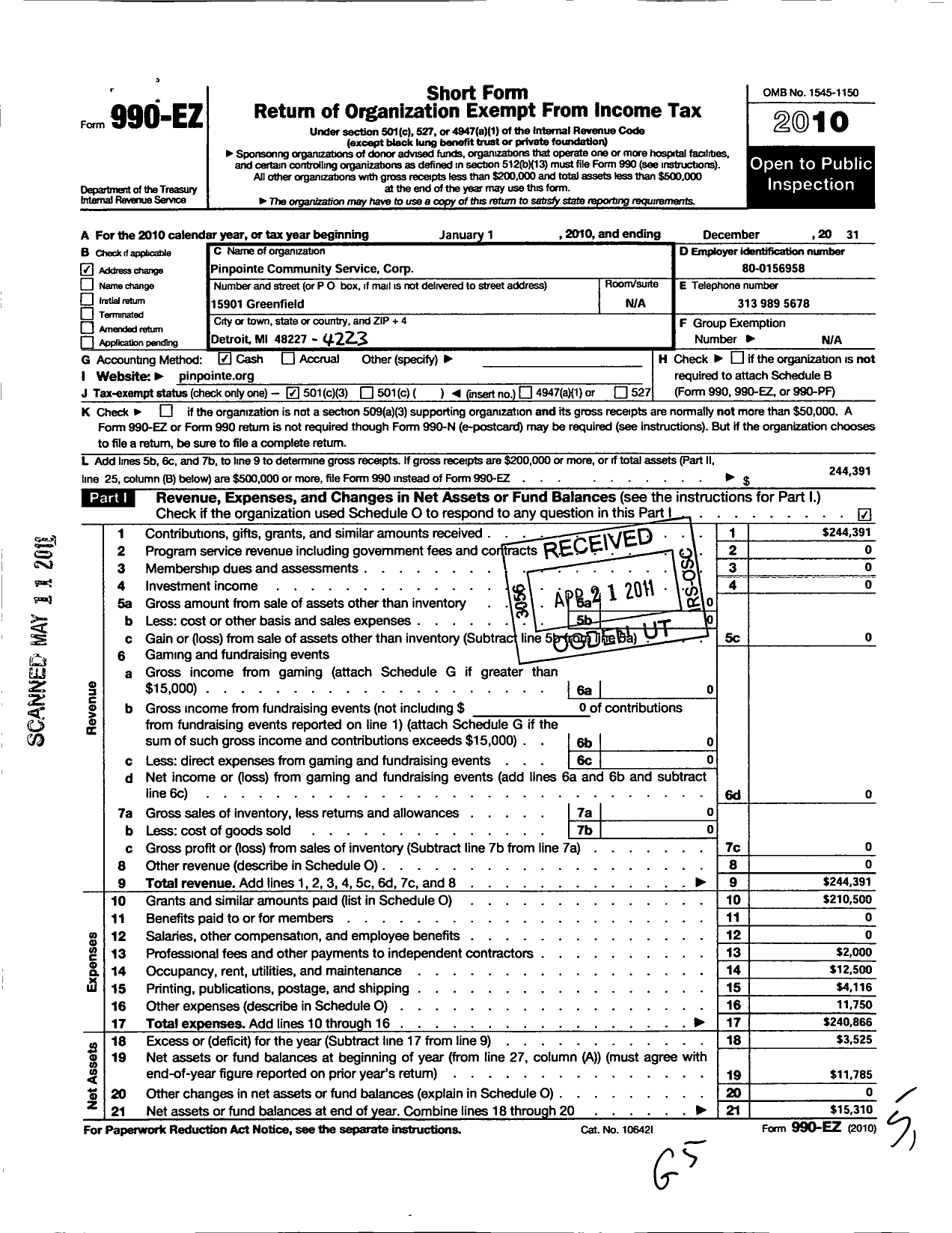 Image of first page of 2010 Form 990EZ for Pinpointe Community Service Corporation