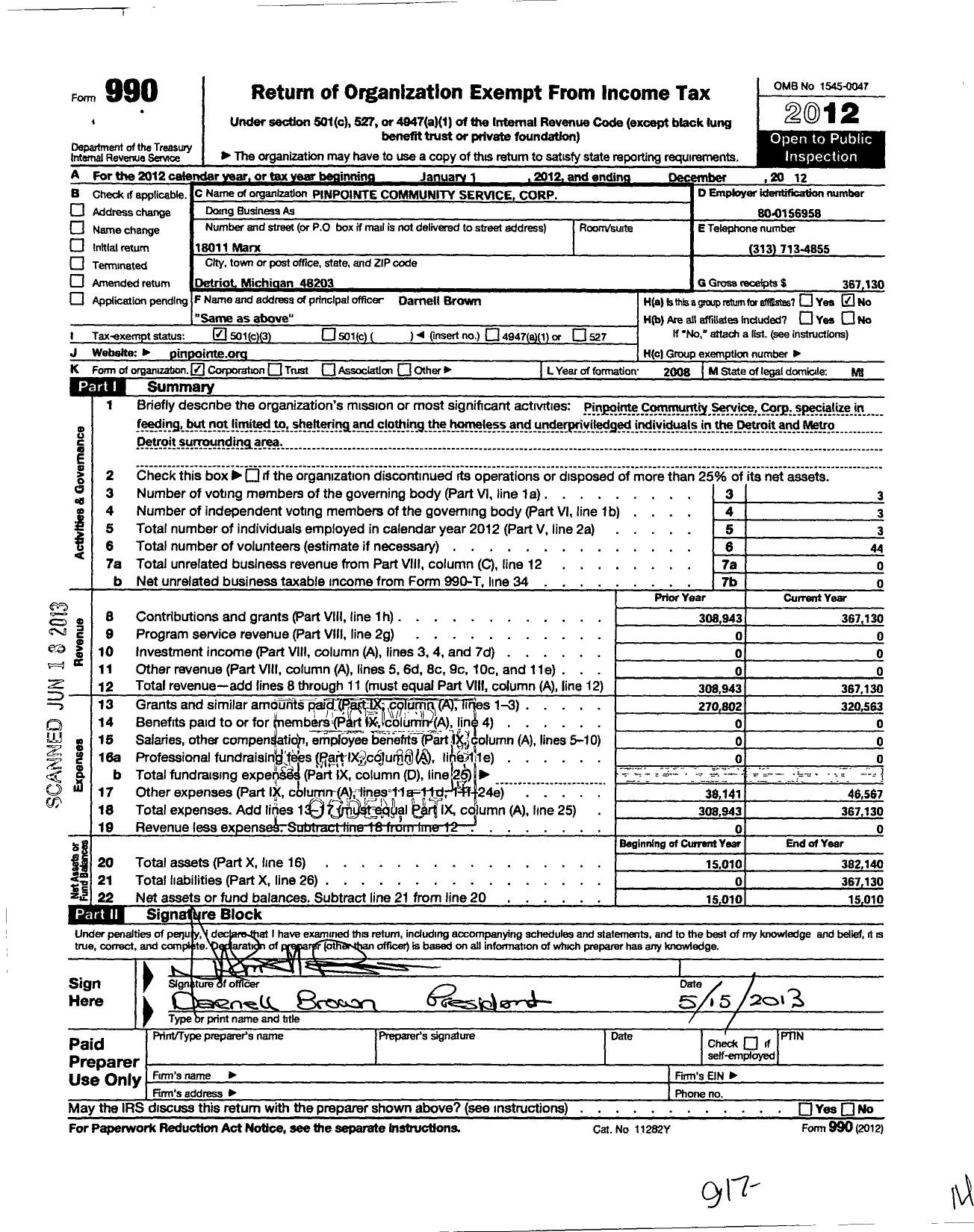 Image of first page of 2012 Form 990 for Pinpointe Community Service Corporation