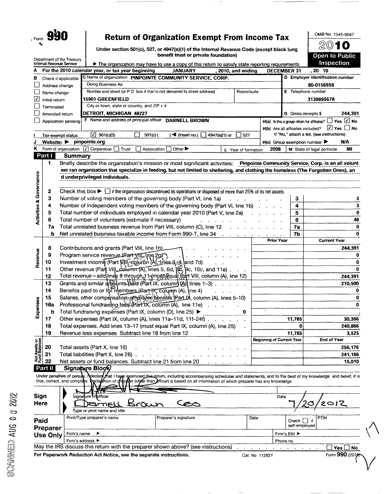 Image of first page of 2010 Form 990 for Pinpointe Community Service Corporation