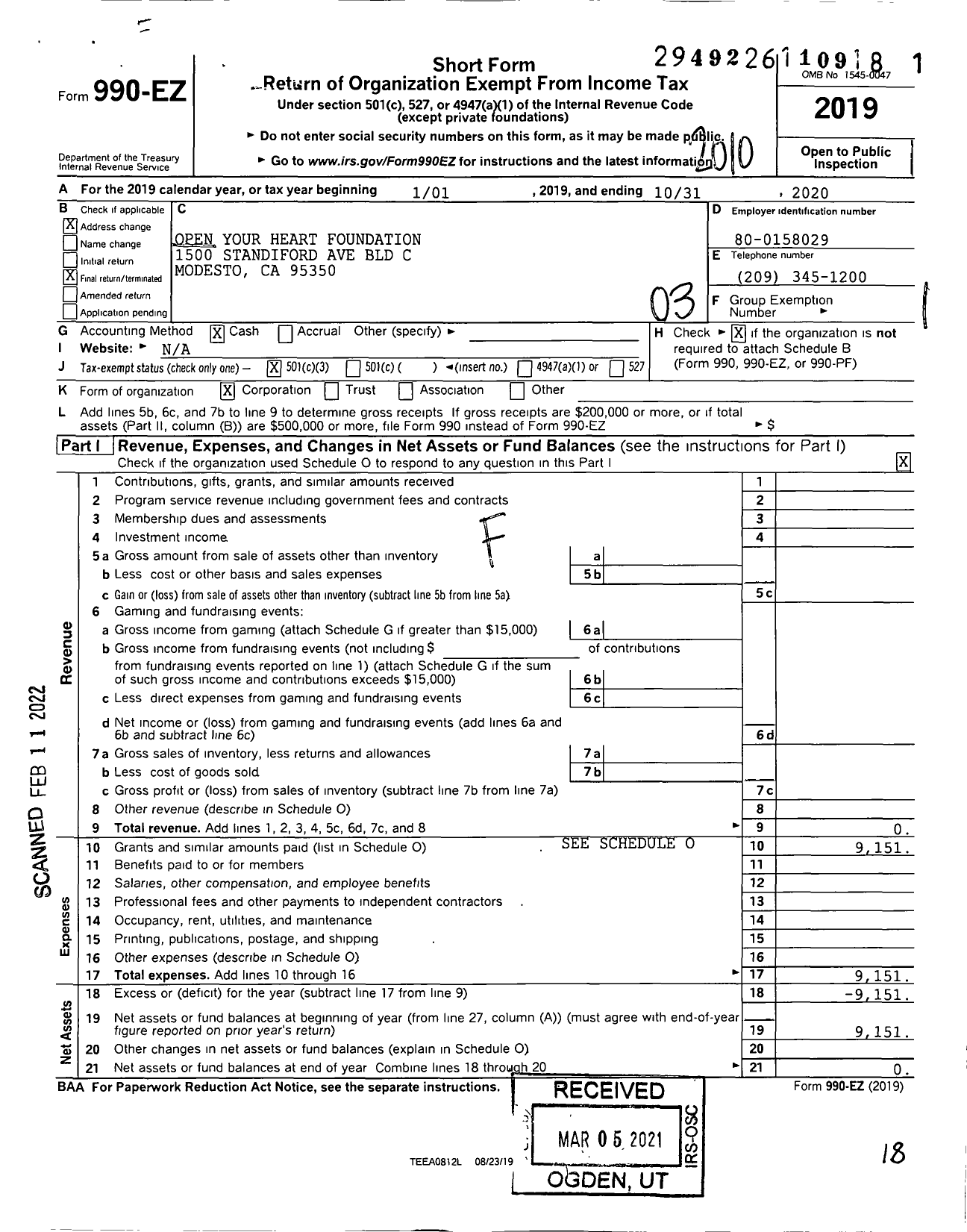 Image of first page of 2019 Form 990EZ for Open Your Heart Foundation