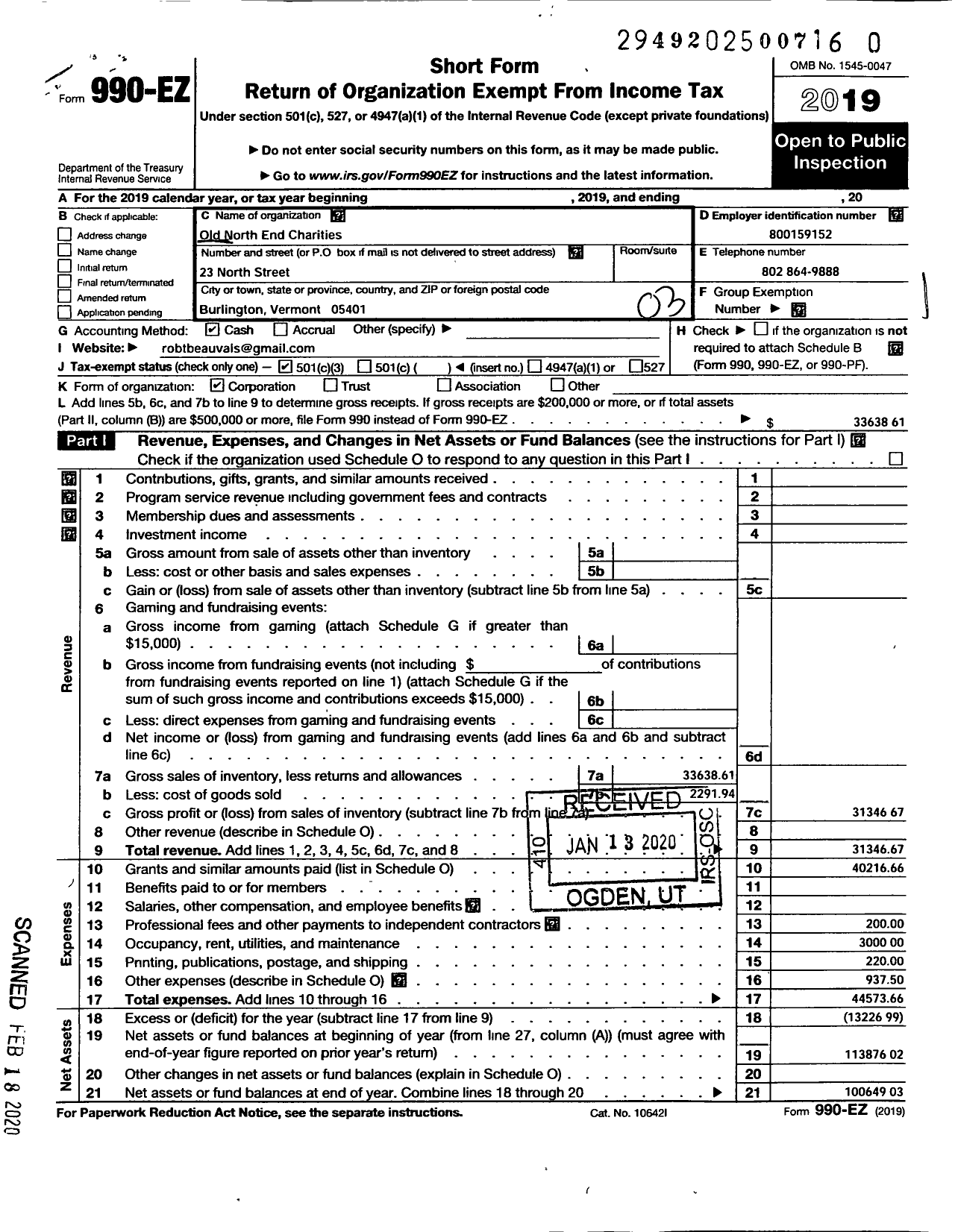 Image of first page of 2019 Form 990EZ for Old North End Charities