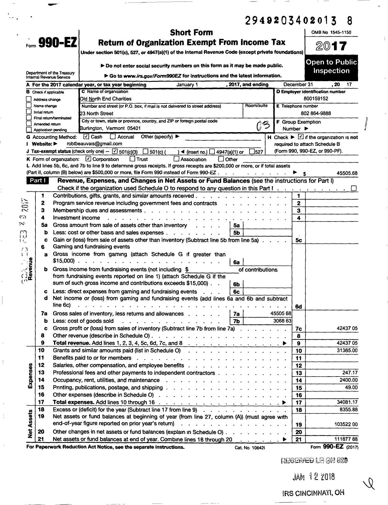 Image of first page of 2017 Form 990EZ for Old North End Charities