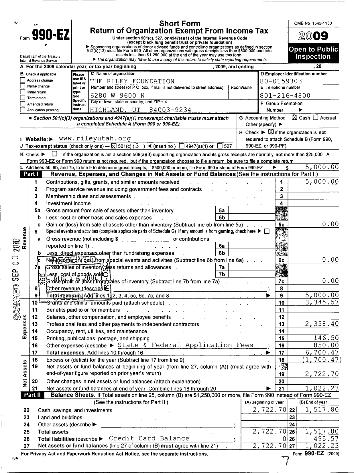 Image of first page of 2009 Form 990EZ for Riley Foundation