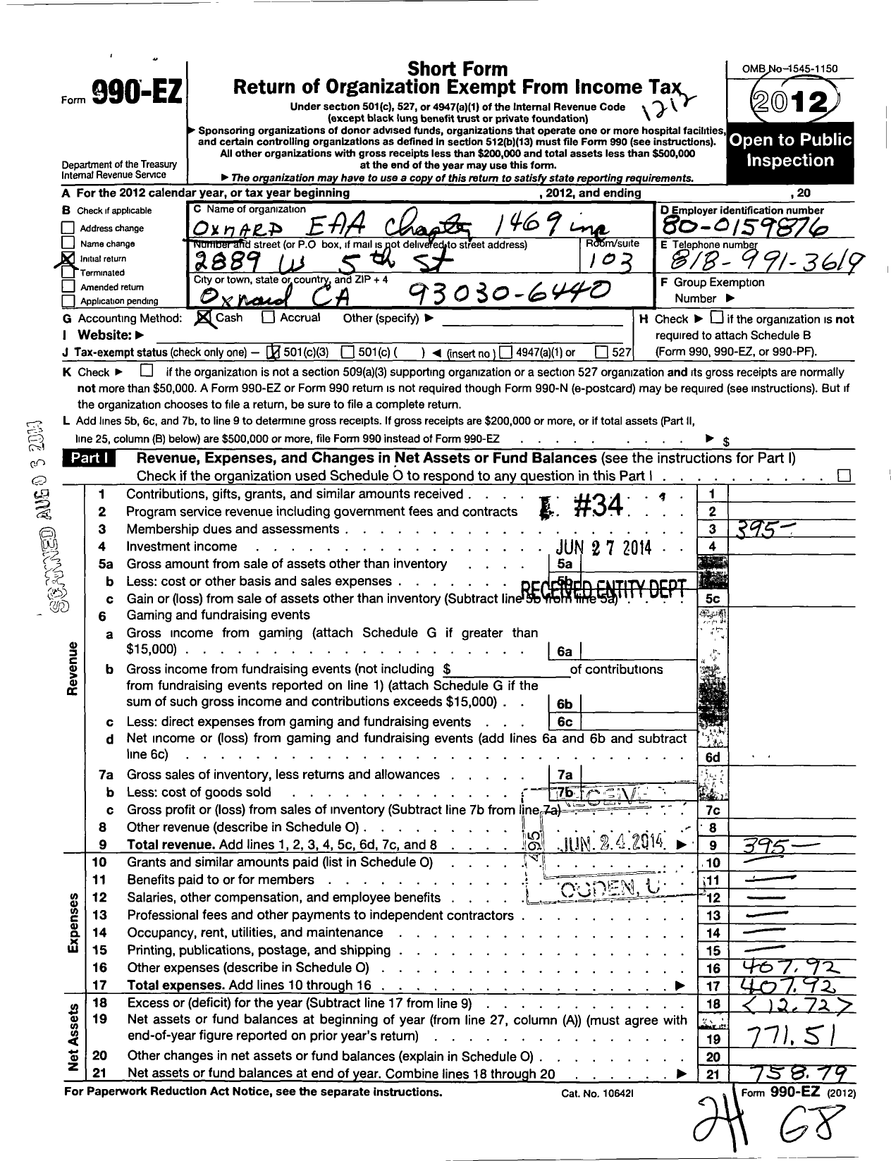 Image of first page of 2012 Form 990EZ for Oxnard Eaa Chapter 1469