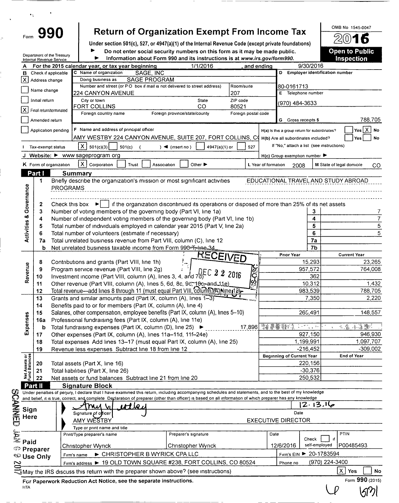 Image of first page of 2015 Form 990 for Sage