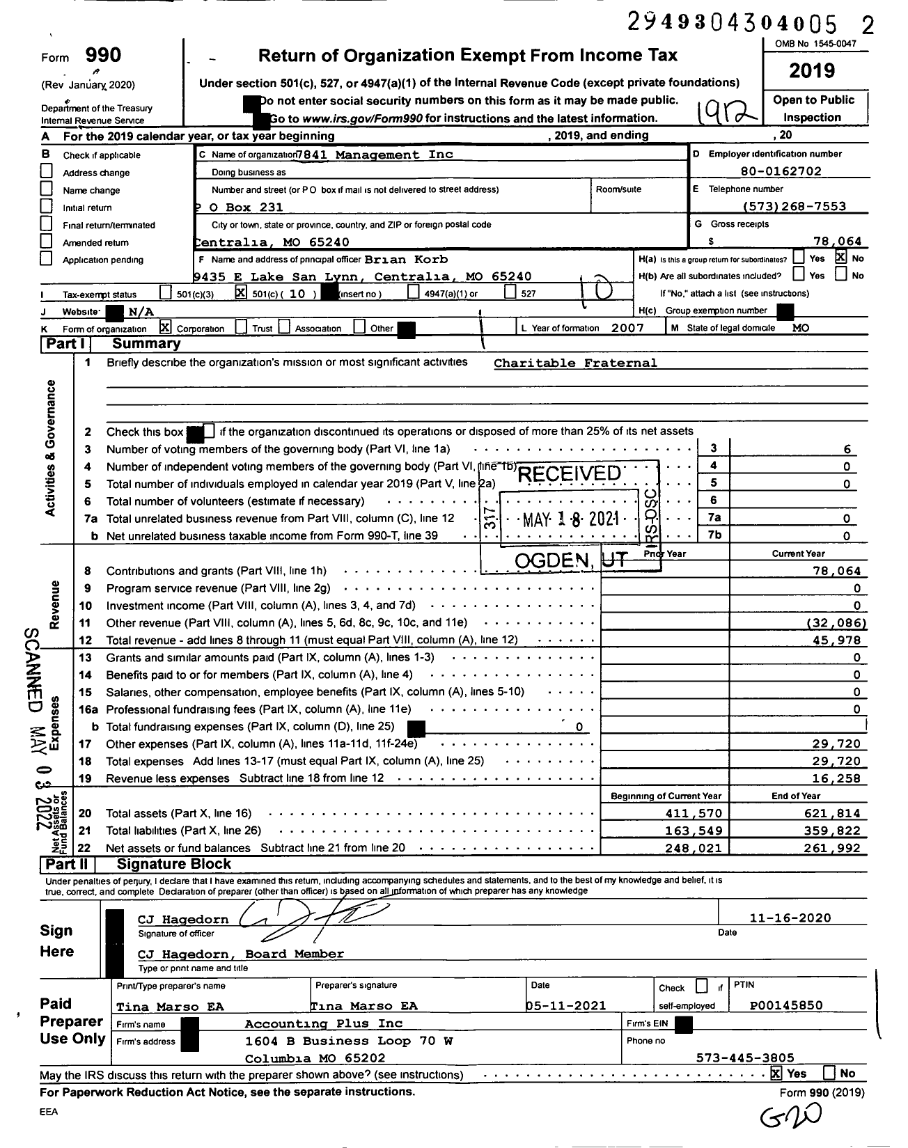 Image of first page of 2019 Form 990O for 7841 Management