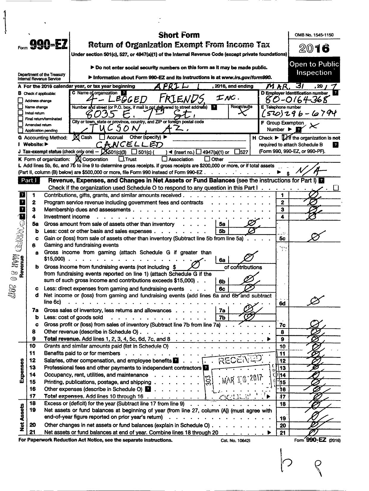 Image of first page of 2016 Form 990EZ for 4-legged Friends