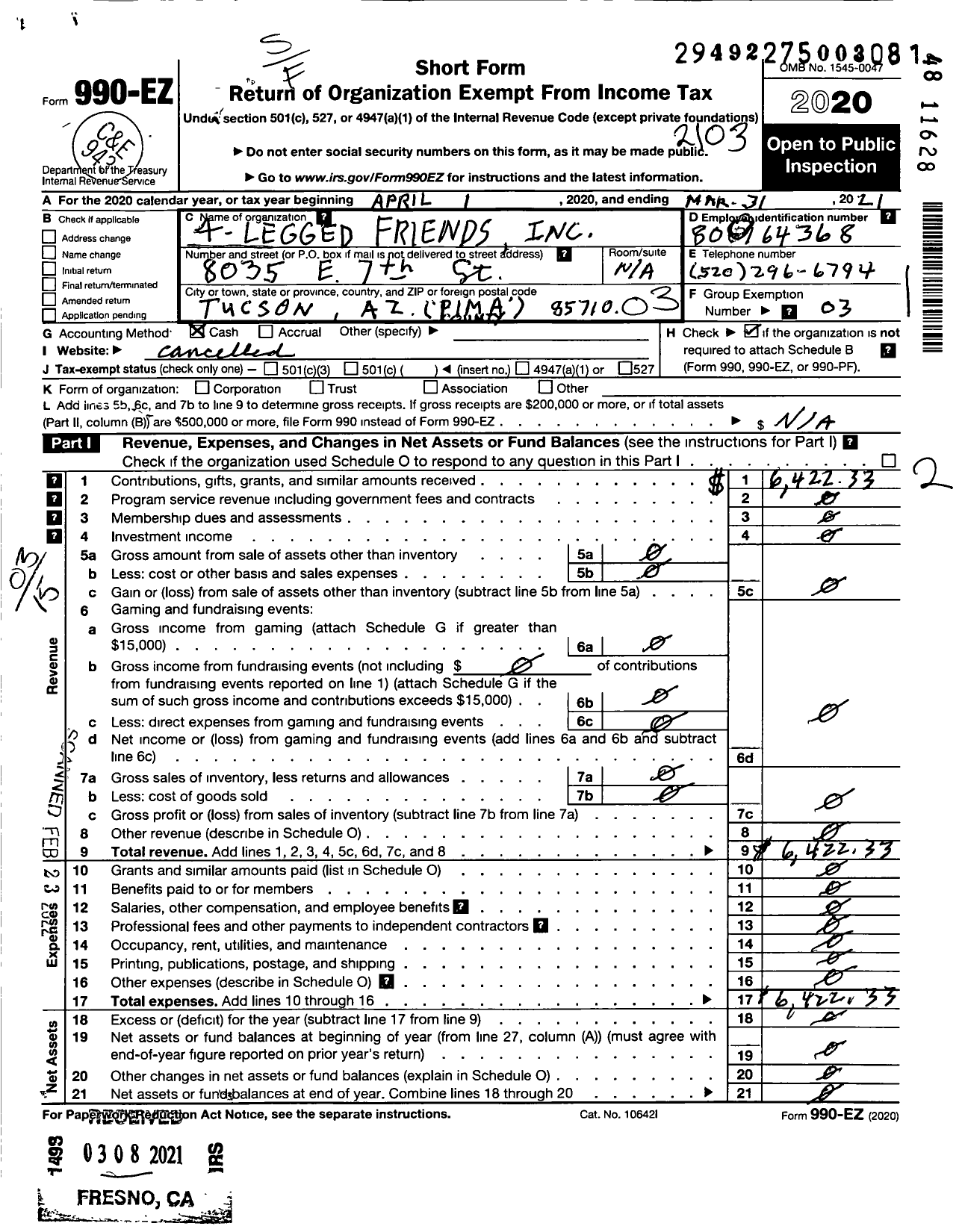 Image of first page of 2020 Form 990EZ for 4-legged Friends