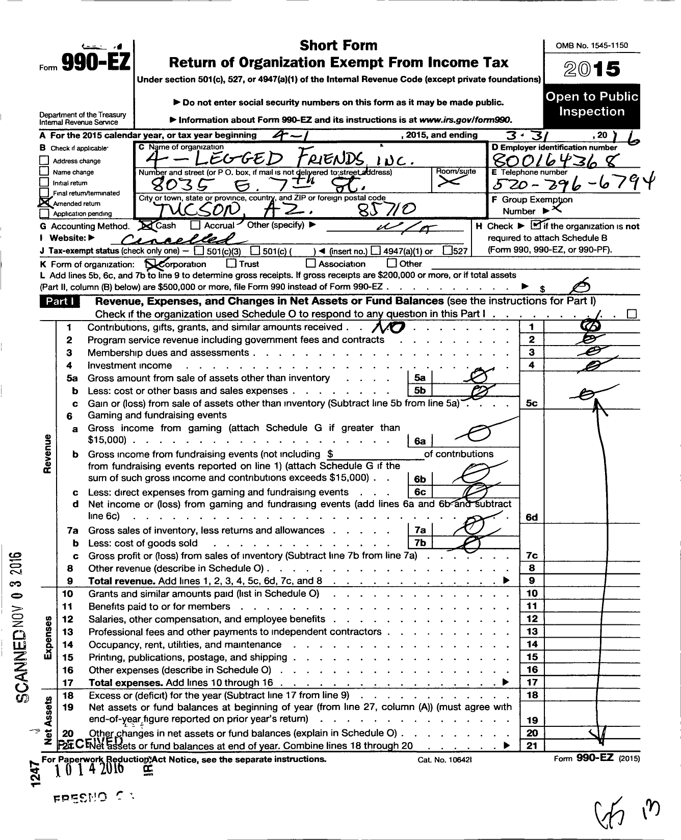 Image of first page of 2015 Form 990EO for 4-legged Friends