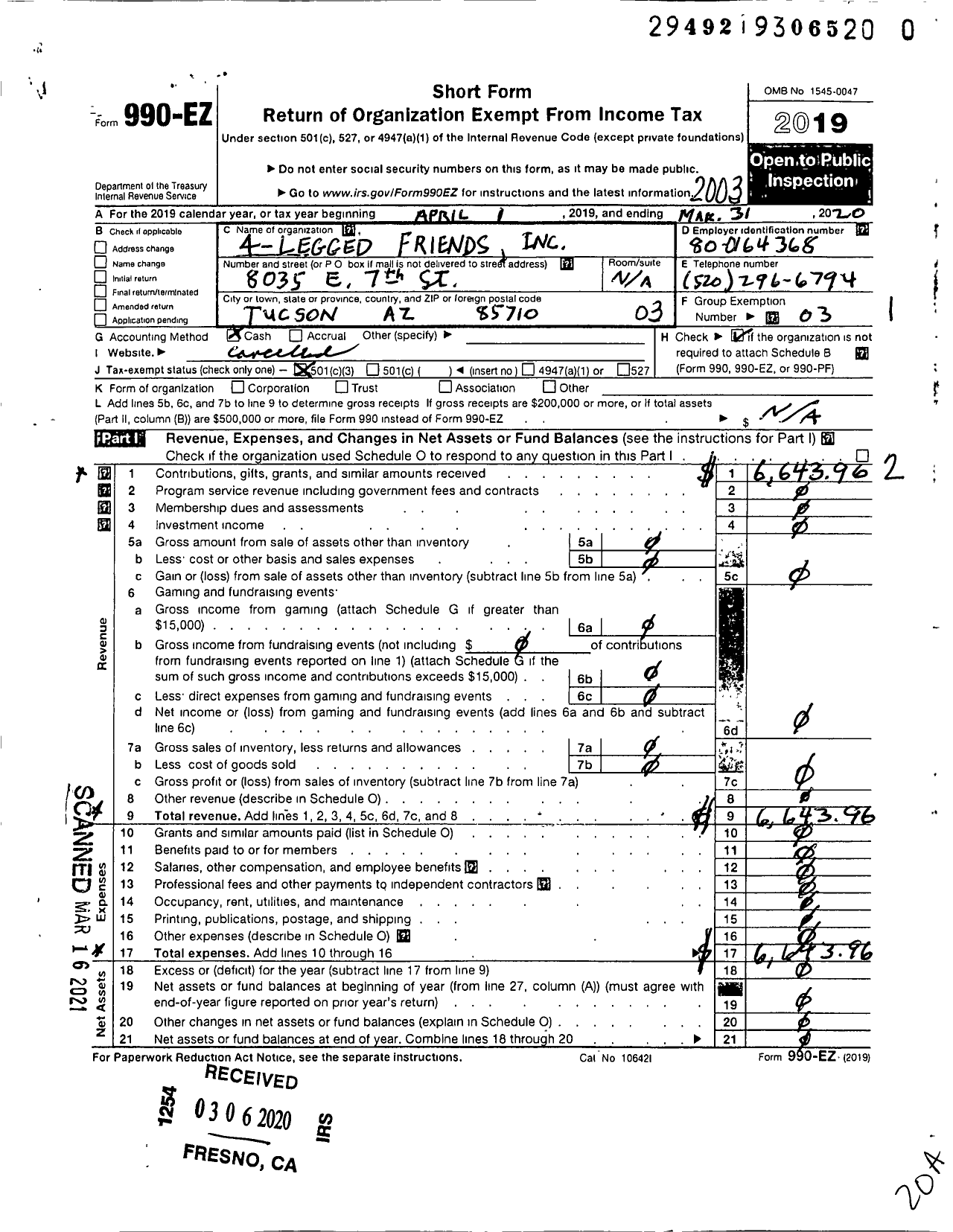 Image of first page of 2019 Form 990EZ for 4-legged Friends