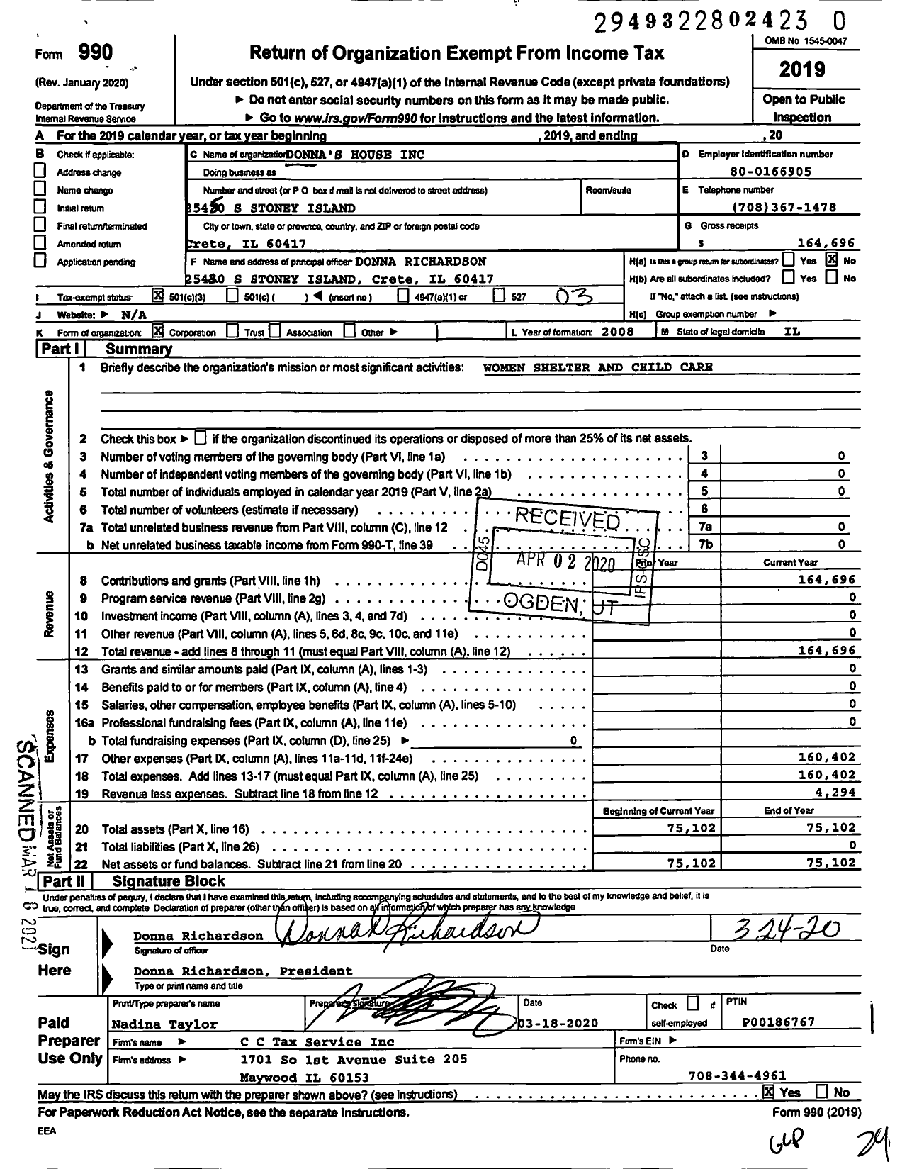 Image of first page of 2019 Form 990 for Donnas House NFP