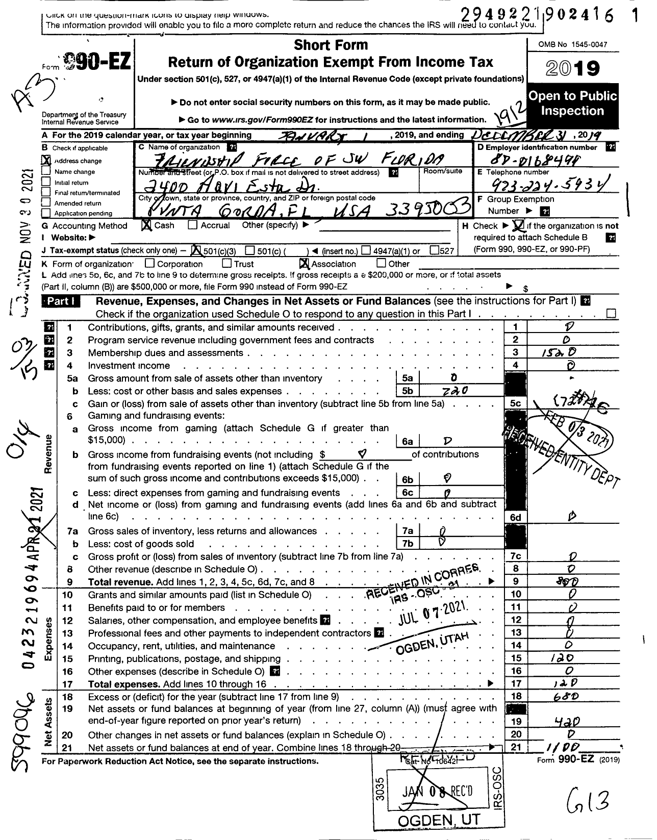 Image of first page of 2019 Form 990EZ for Friendship Force of Southwest Florida