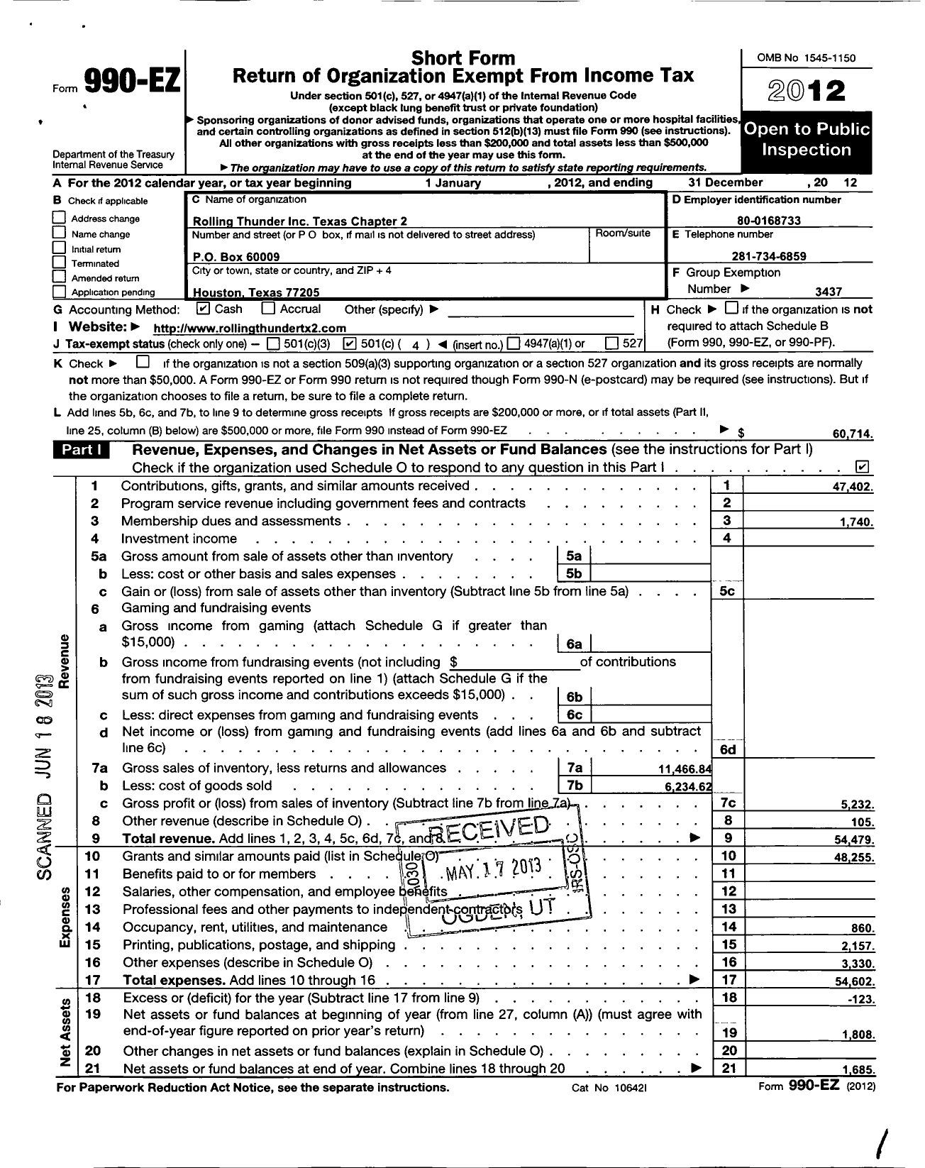 Image of first page of 2012 Form 990EO for Rolling Thunder - 2 Texas Chap