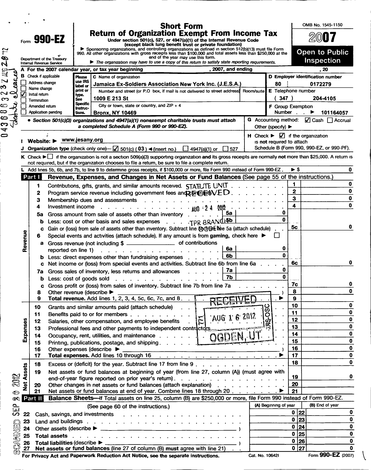 Image of first page of 2007 Form 990EZ for Jamaica Ex Soilders Association Bronx Jesa