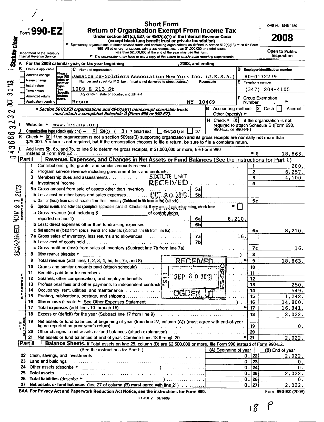 Image of first page of 2008 Form 990EZ for Jamaica Ex Soilders Association Bronx Jesa