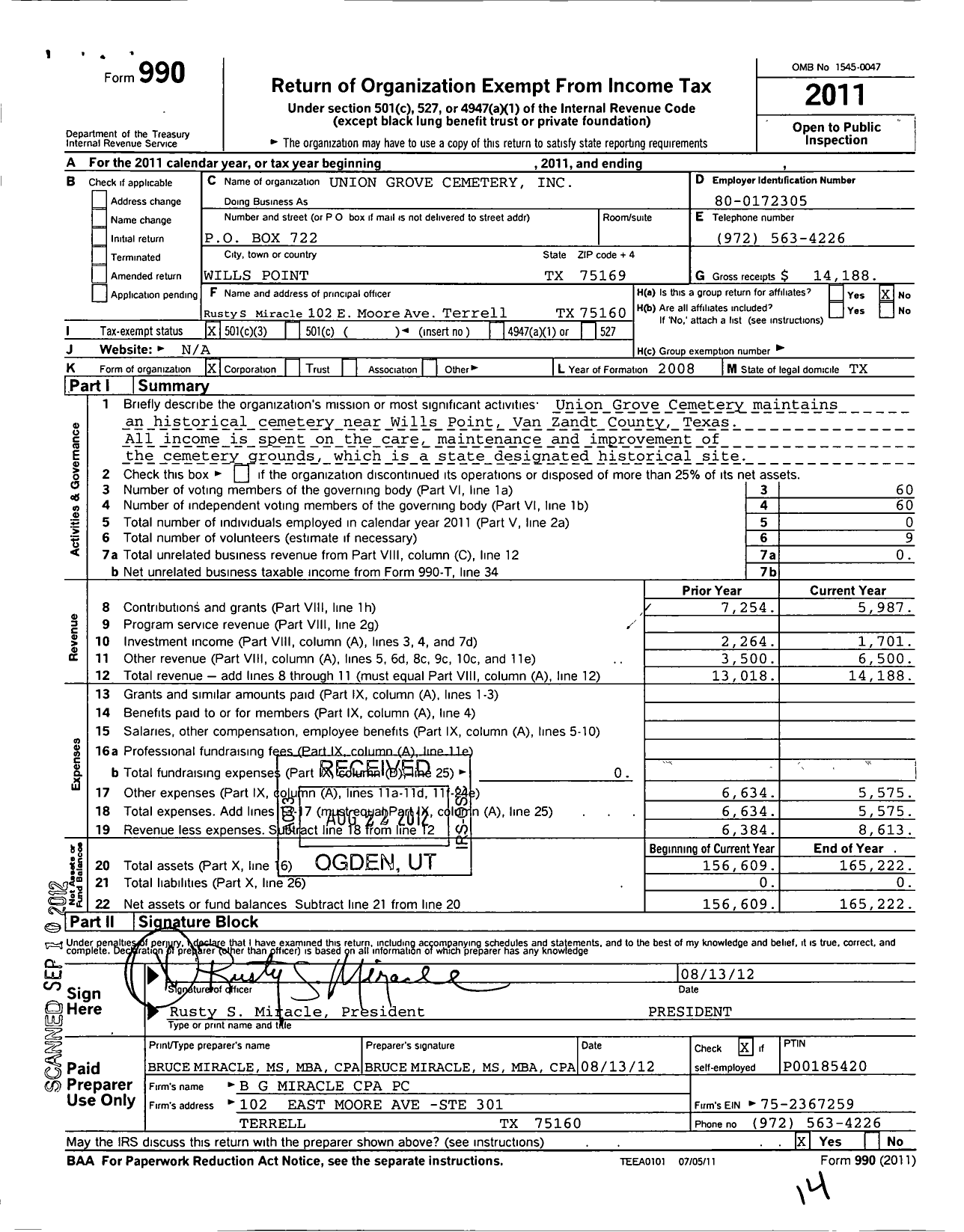 Image of first page of 2011 Form 990 for Union Grove Cemetery
