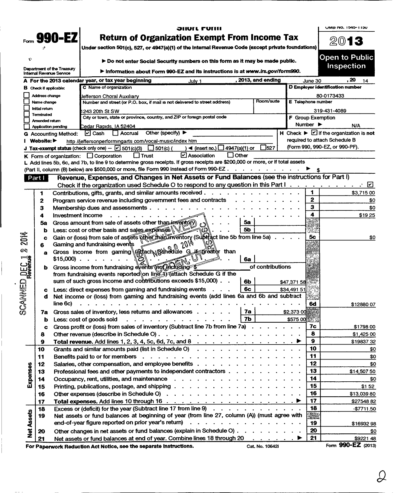 Image of first page of 2013 Form 990EZ for Jefferson Choral Auxillary