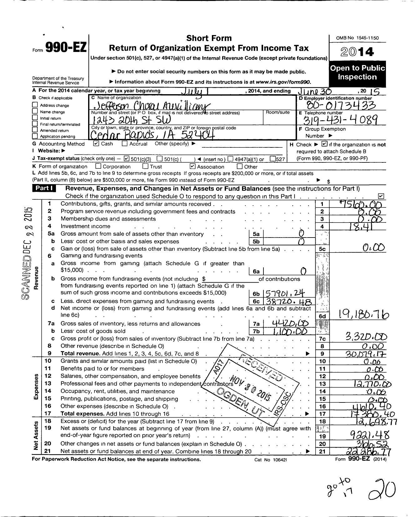 Image of first page of 2014 Form 990EZ for Jefferson Choral Auxillary