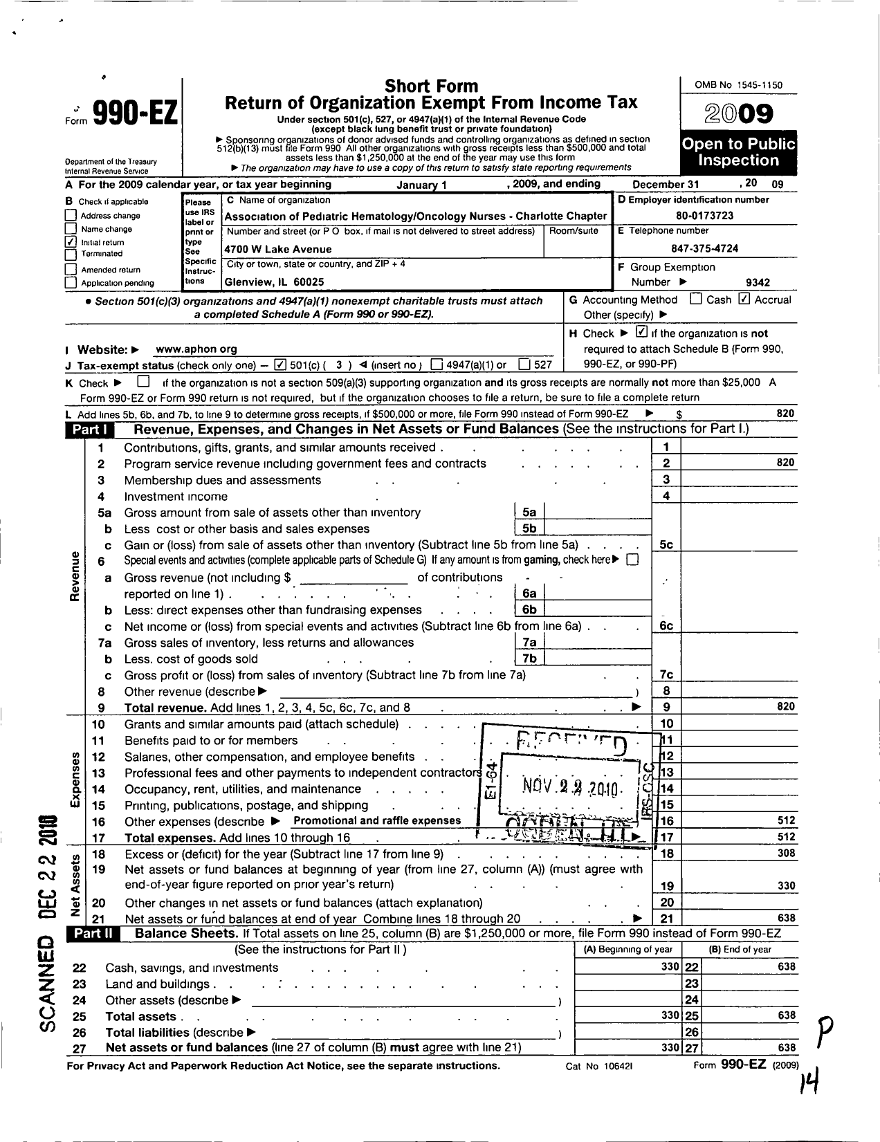 Image of first page of 2009 Form 990EZ for Association of Pediatric Oncology Nurses / Charlotte Chapter