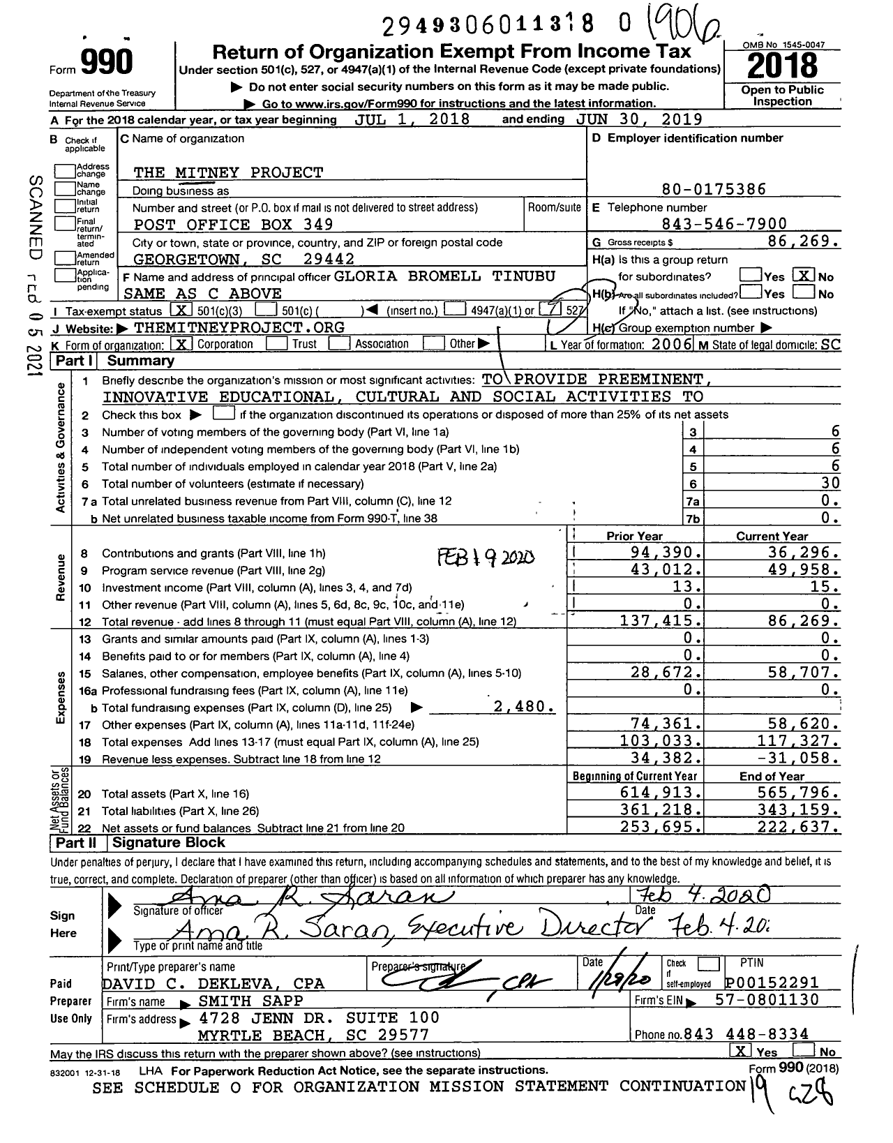 Image of first page of 2018 Form 990 for The Mitney Project