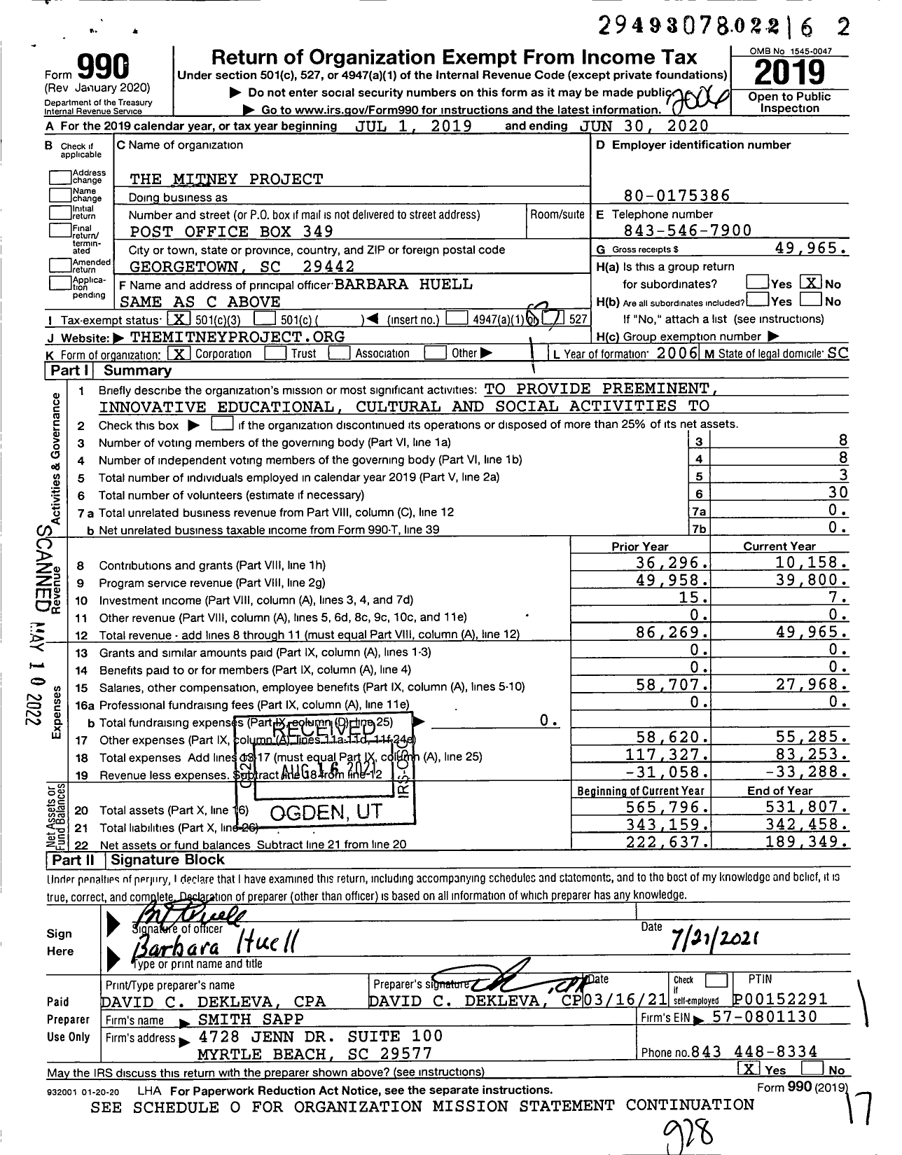 Image of first page of 2019 Form 990 for The Mitney Project