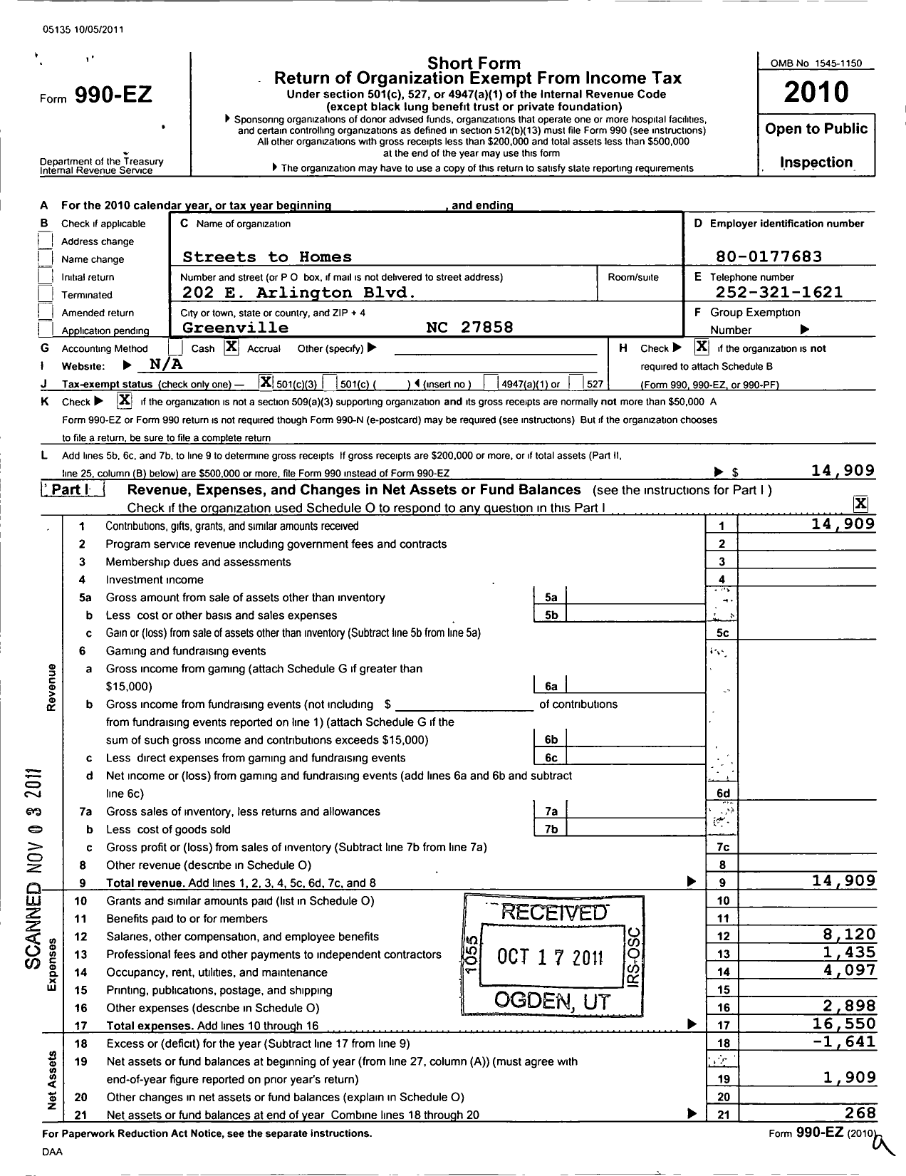 Image of first page of 2010 Form 990EZ for Streets To Homes