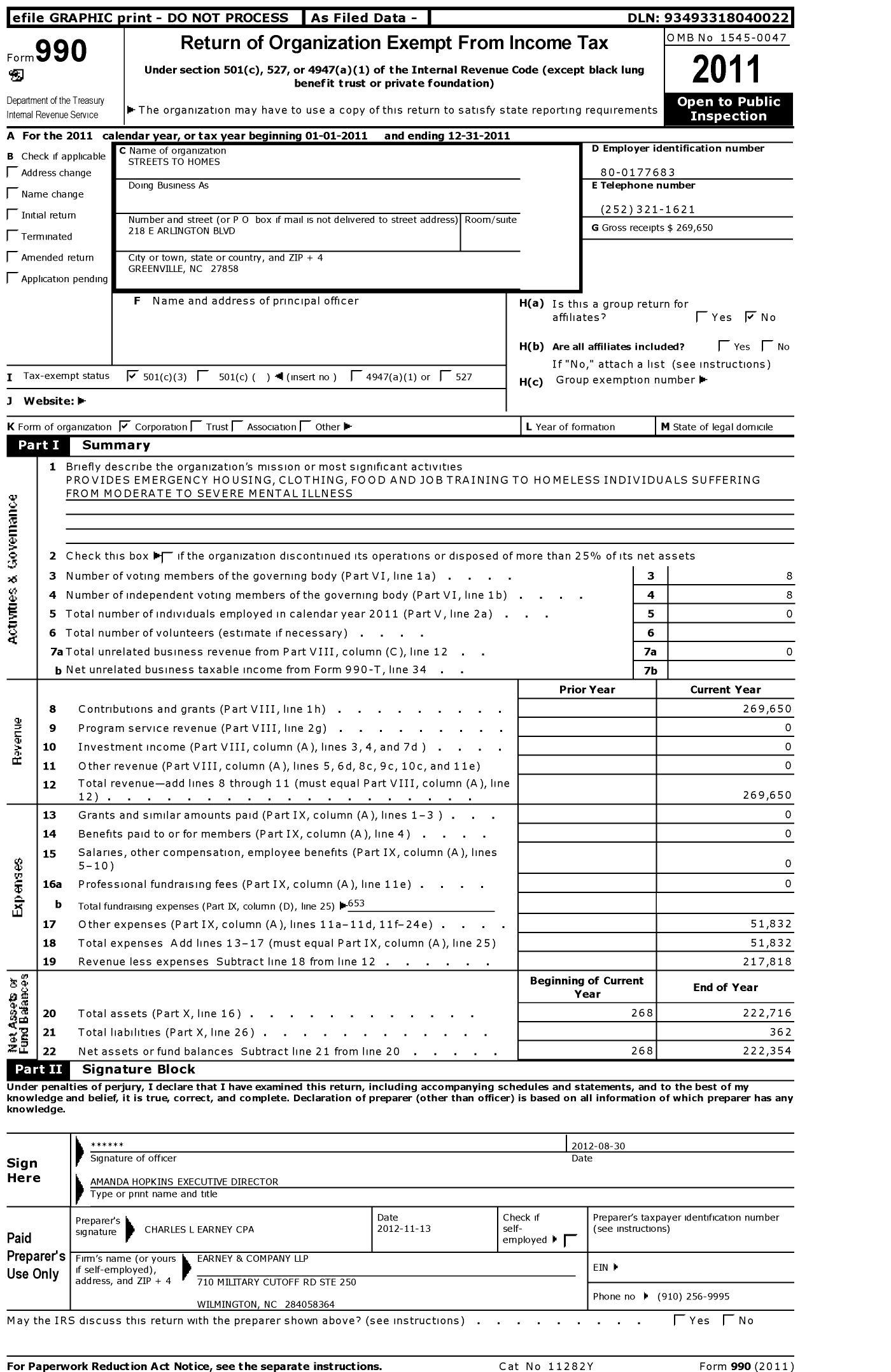 Image of first page of 2011 Form 990 for Streets To Homes