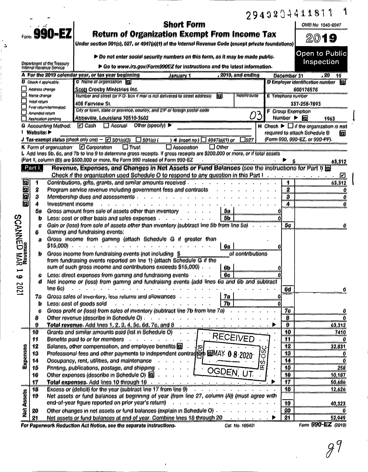 Image of first page of 2019 Form 990EZ for Scott Crosby Ministries